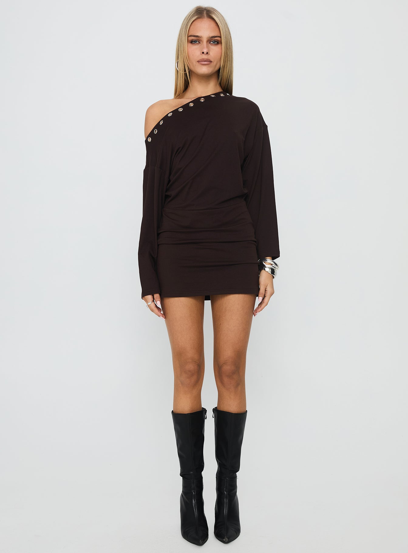 Sakaia Long Sleeve Eyelet Mini Dress Brown - Image 7