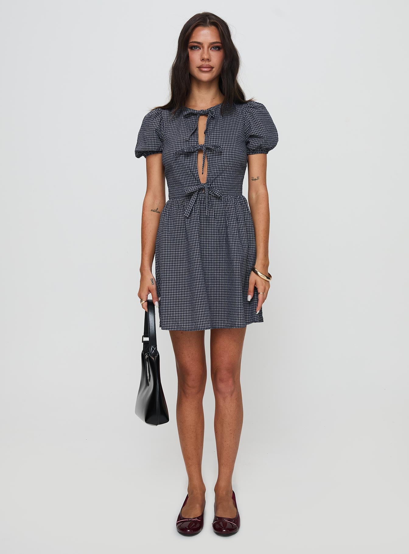Nurture Bow Mini Dress Navy Check - Image 6