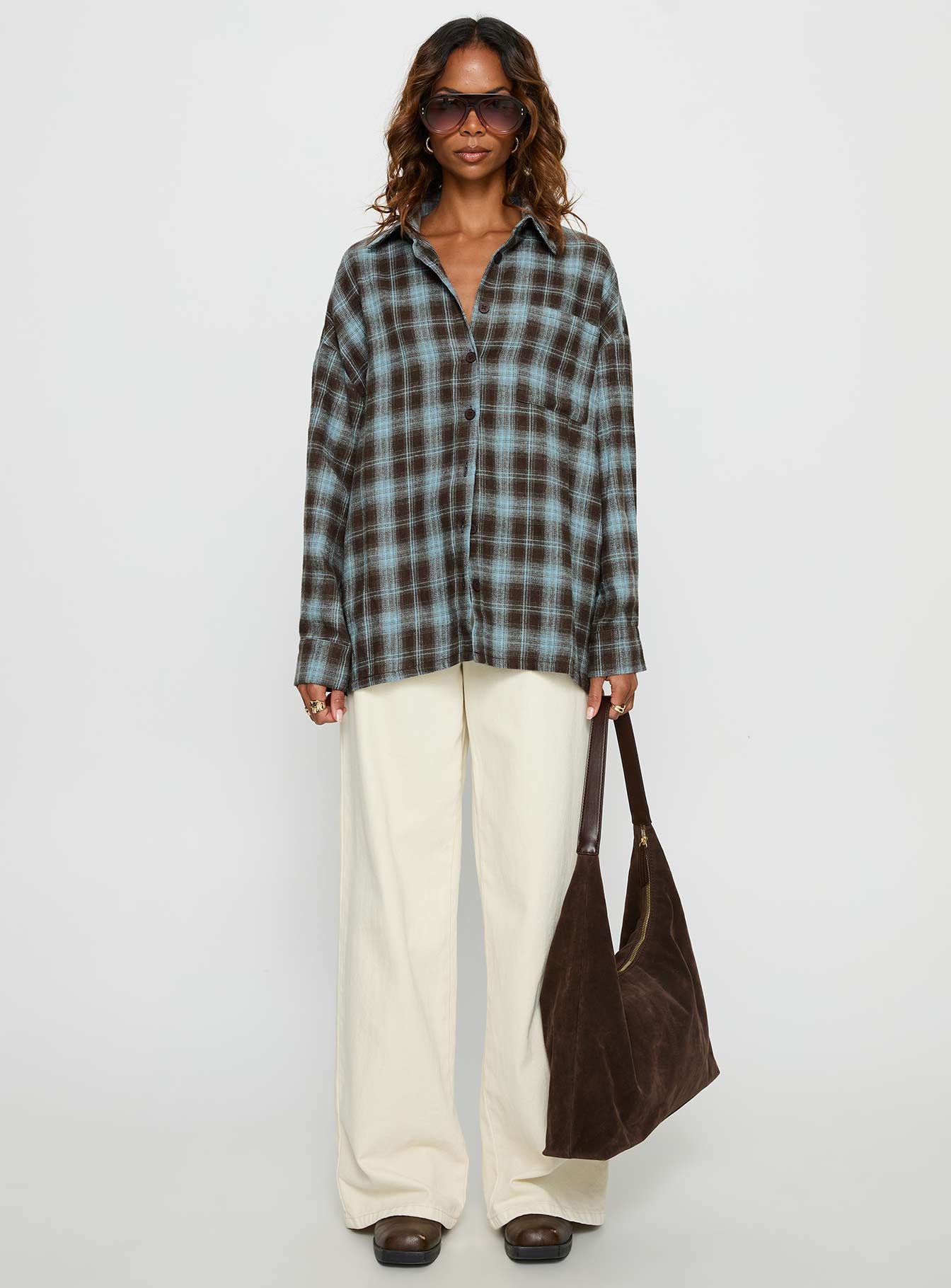 Perlita Long Sleeve Collared Shirt Brown Check - Image 7