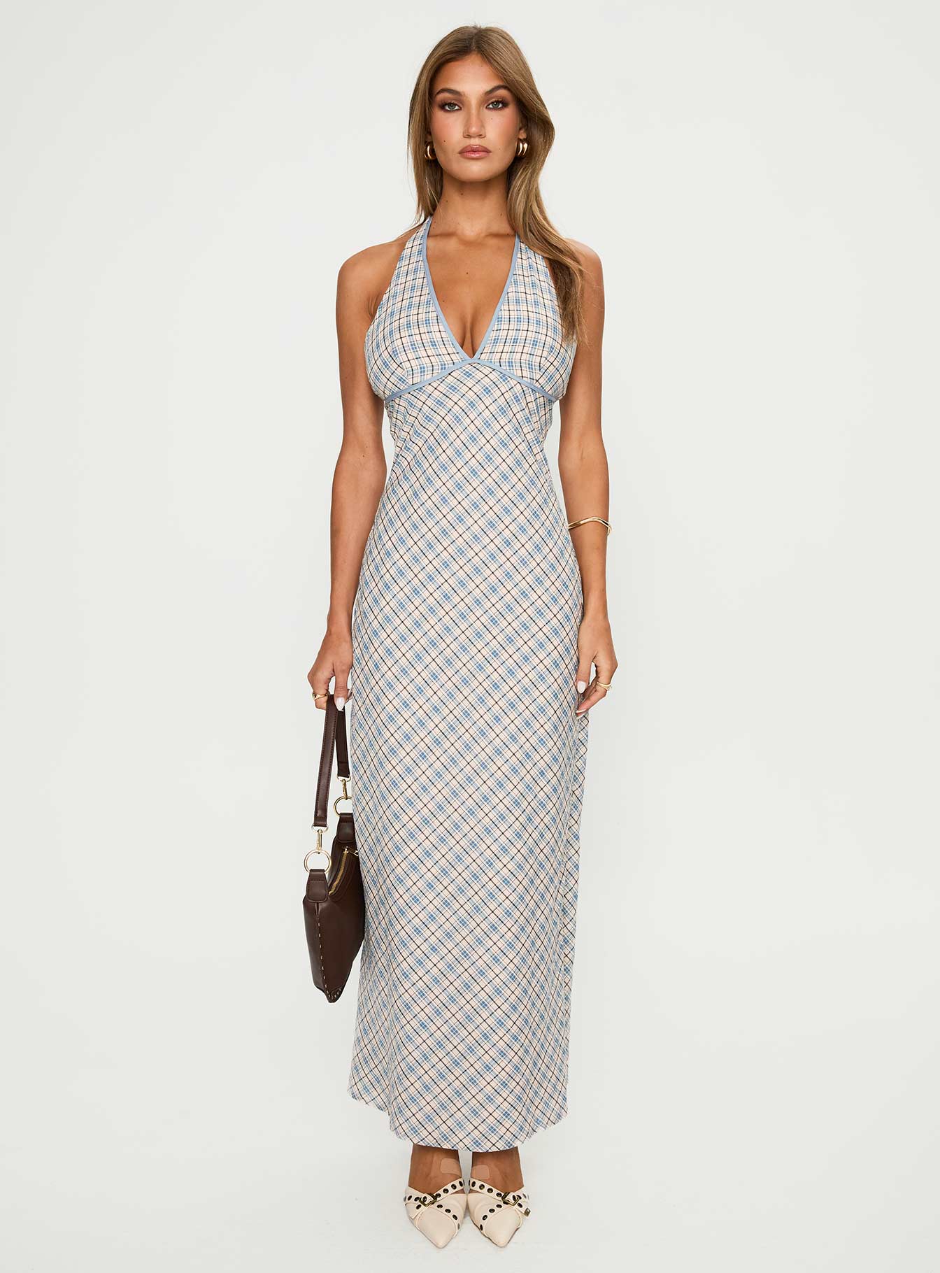Evienna Halter Maxi Dress Blue Check - Image 6