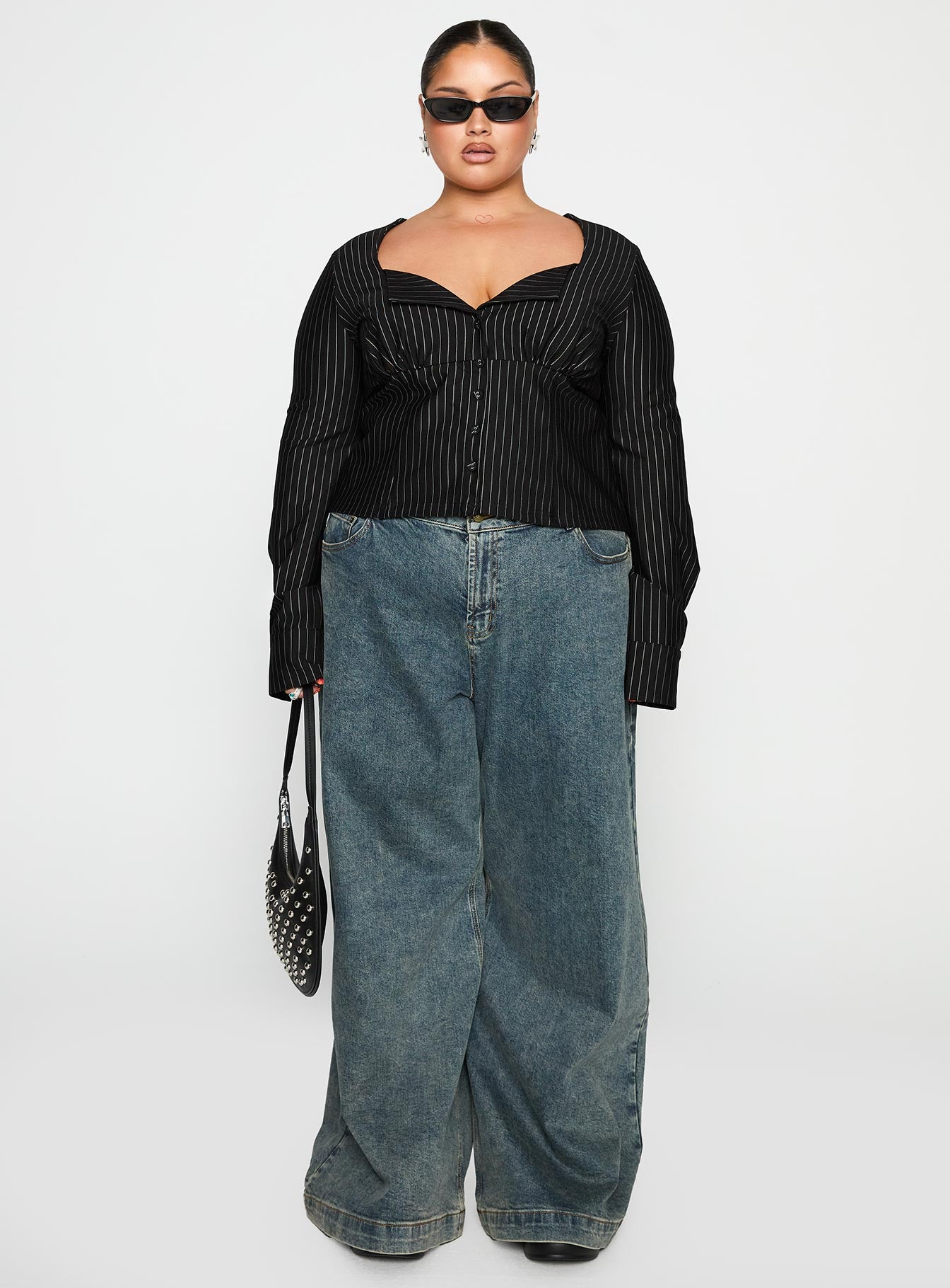 Set For Life Foldover Detail Long Sleeve Top Black / White Pinstripe Curve - Image 7