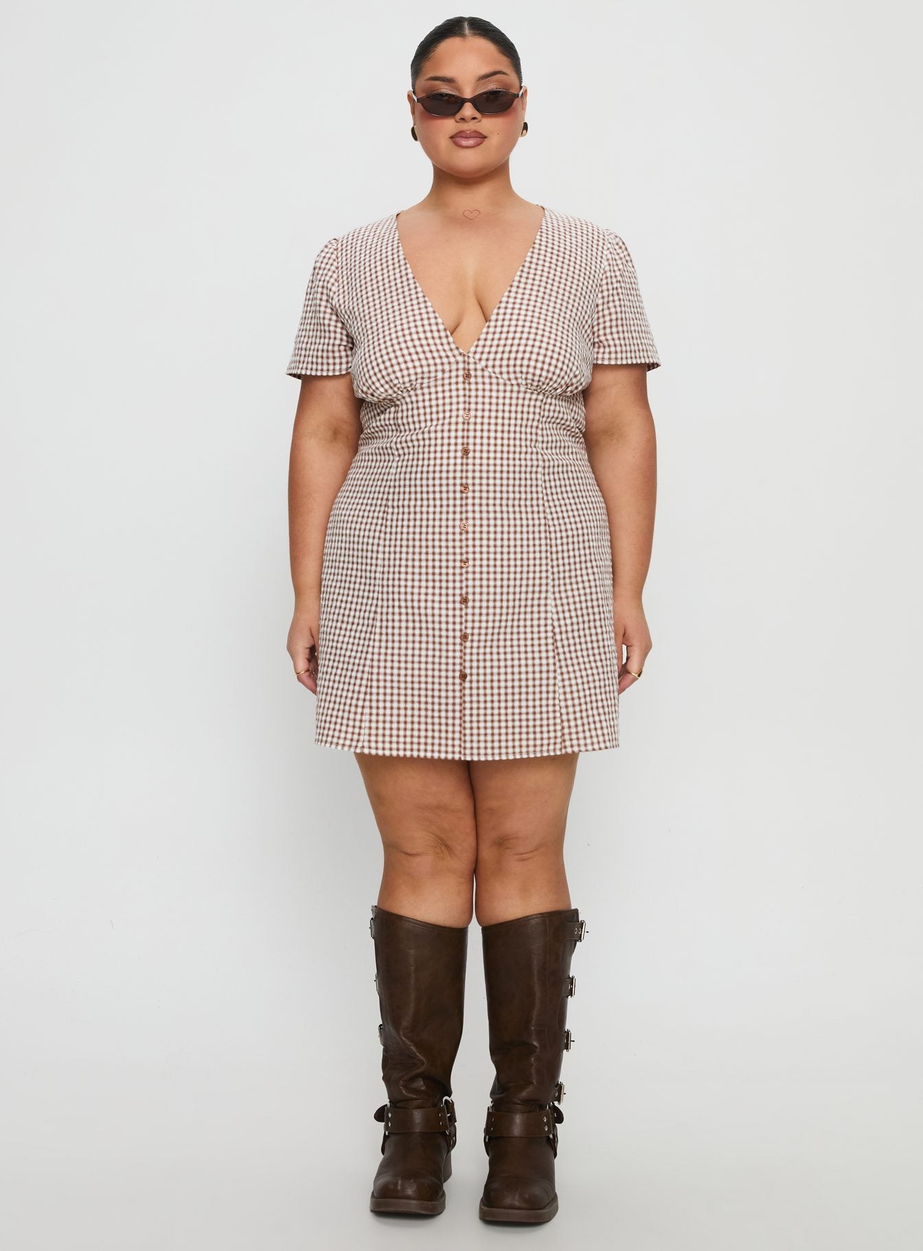 Loveliness Playsuit Brown Check Curve - Image 7