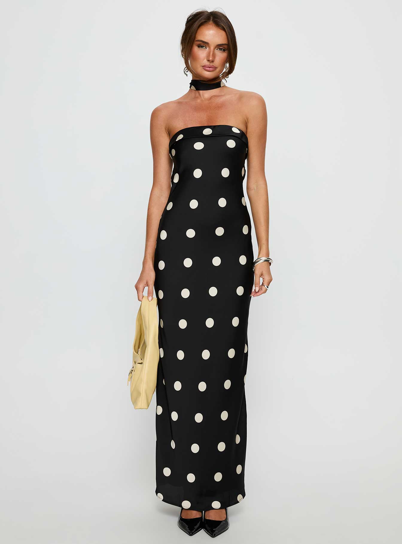 Madilaine Strapless Scarf Maxi Dress Black / Polka Dot - Image 7