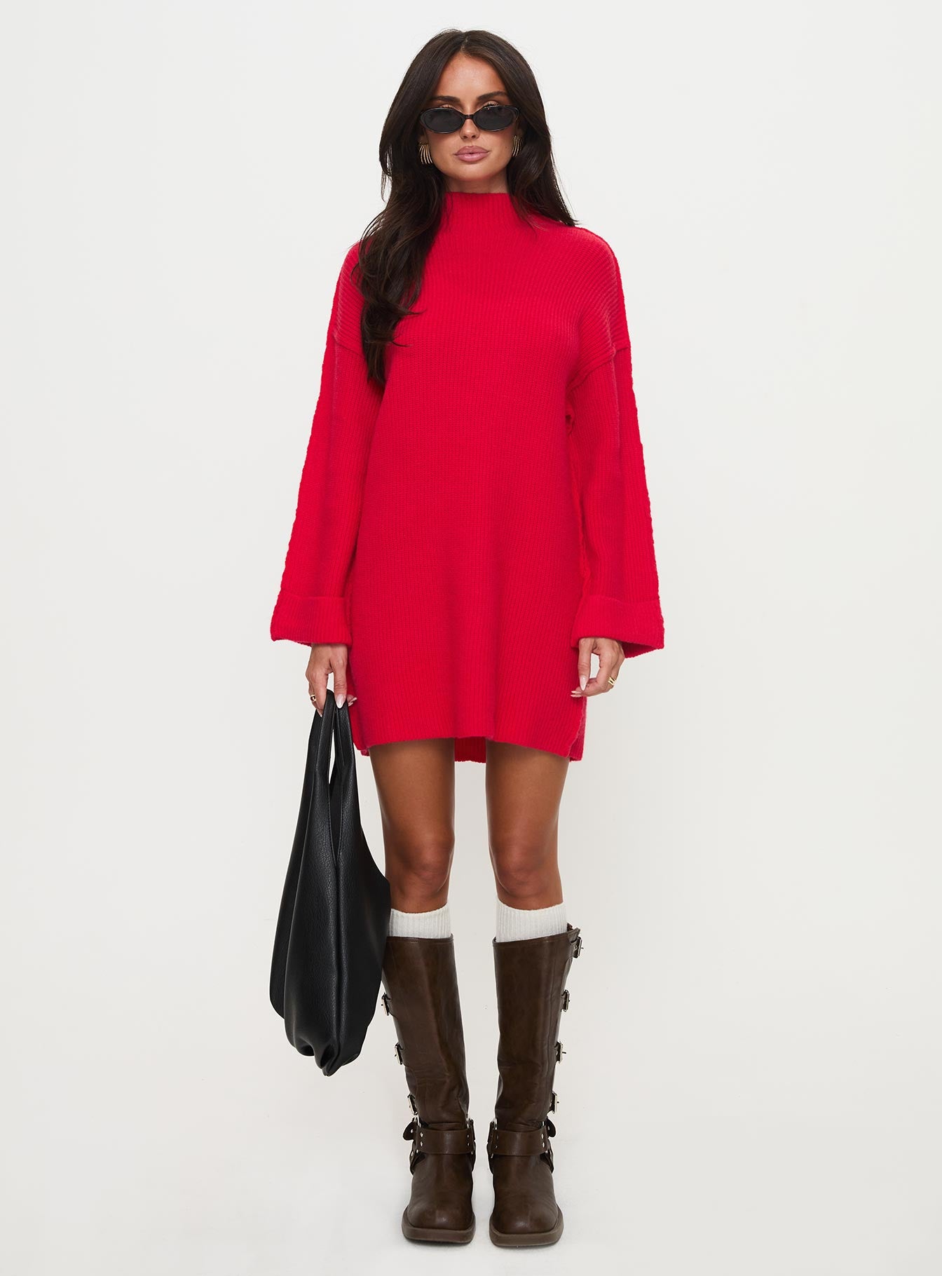 Weslie Long Sleeve Knit Mini Dress Red - Image 6