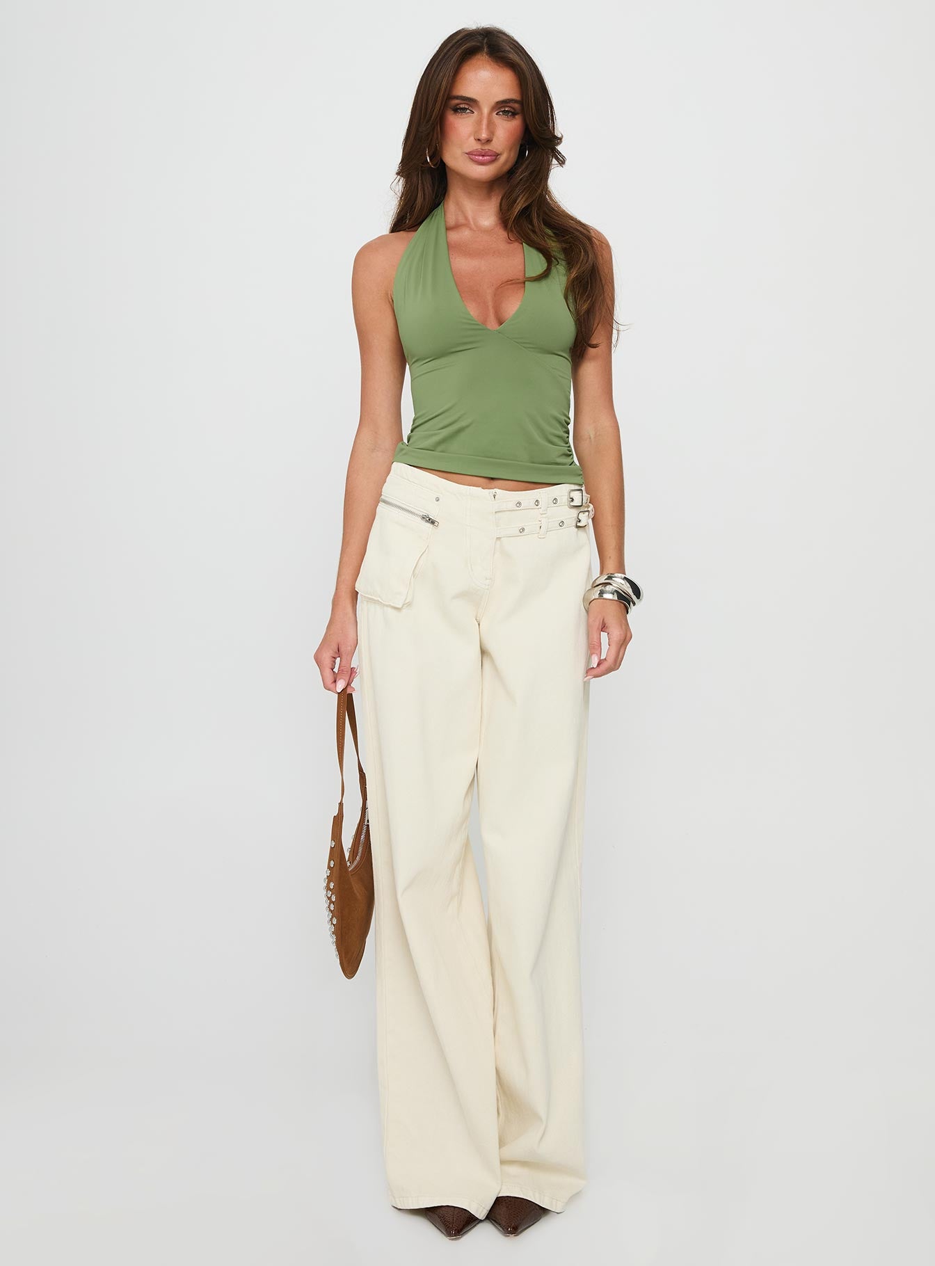 Fifi Halter Longline Wrap Top Olive Green - Image 7