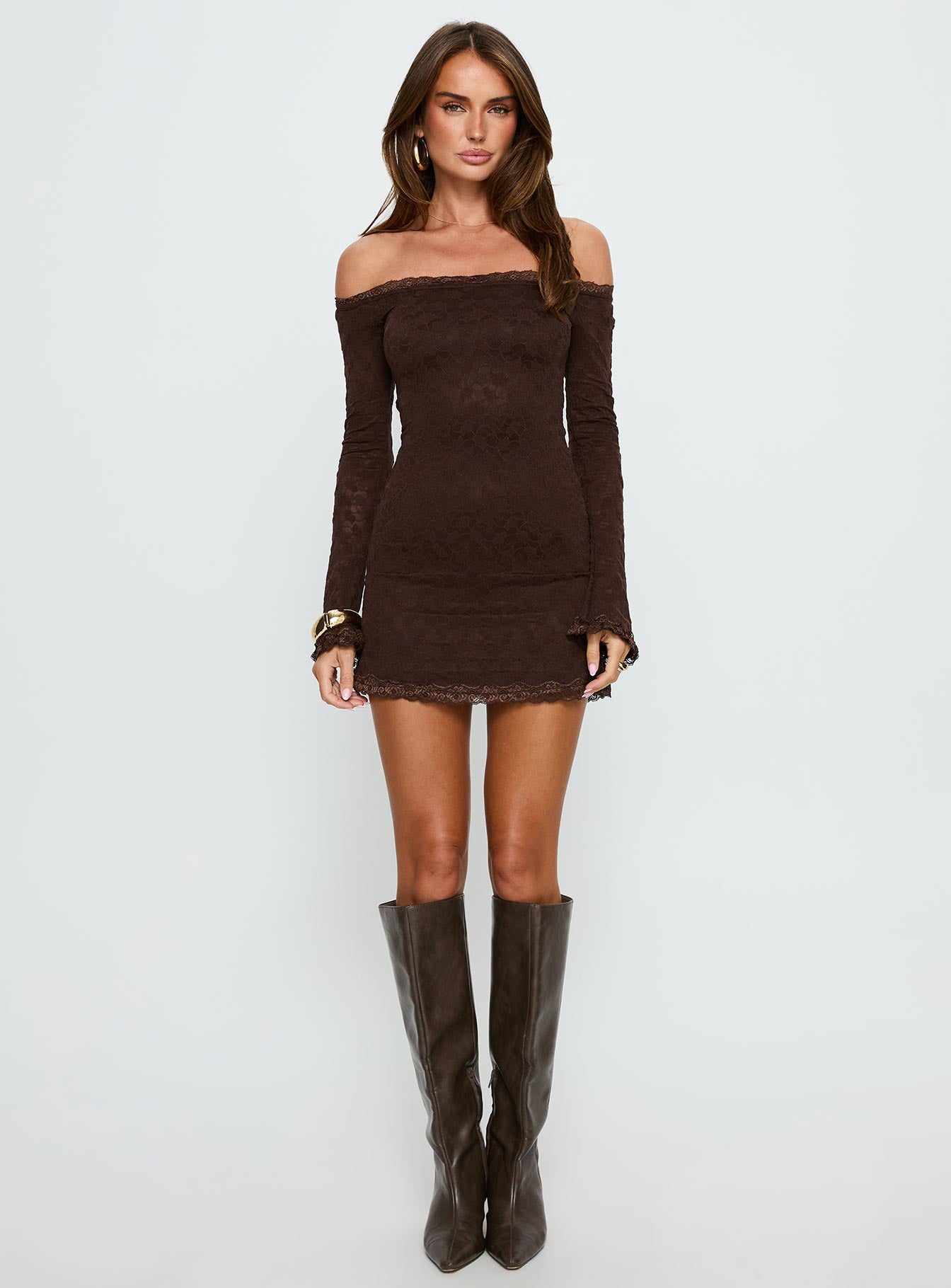 Avenues Long Sleeve Lace Mini Dress Chocolate - Image 7