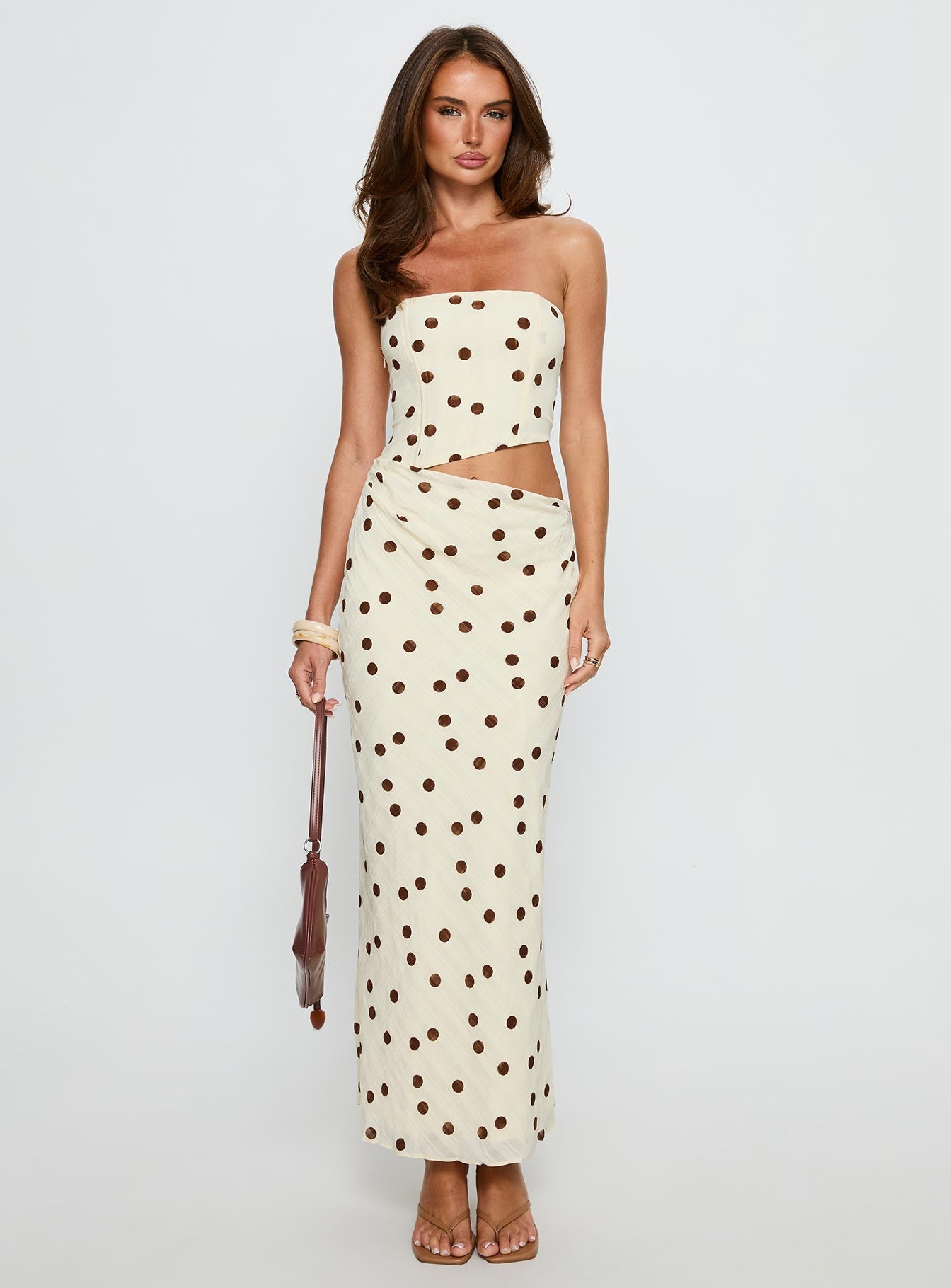 Jasira Strapless Drape Maxi Dress Cream Polka Dot - Image 7