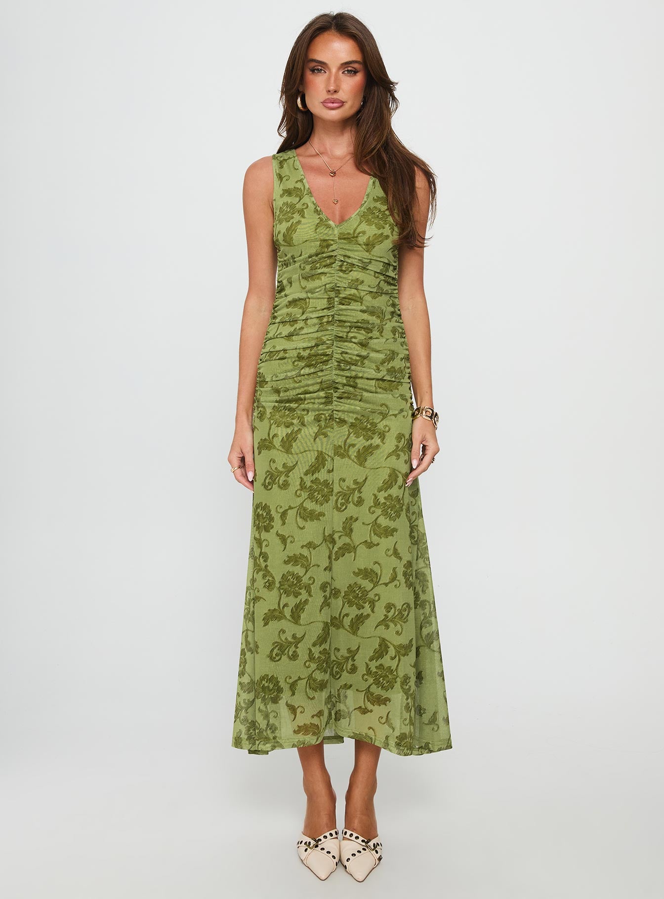 Stefanya Gathered Maxi Dress Green Floral - Image 6