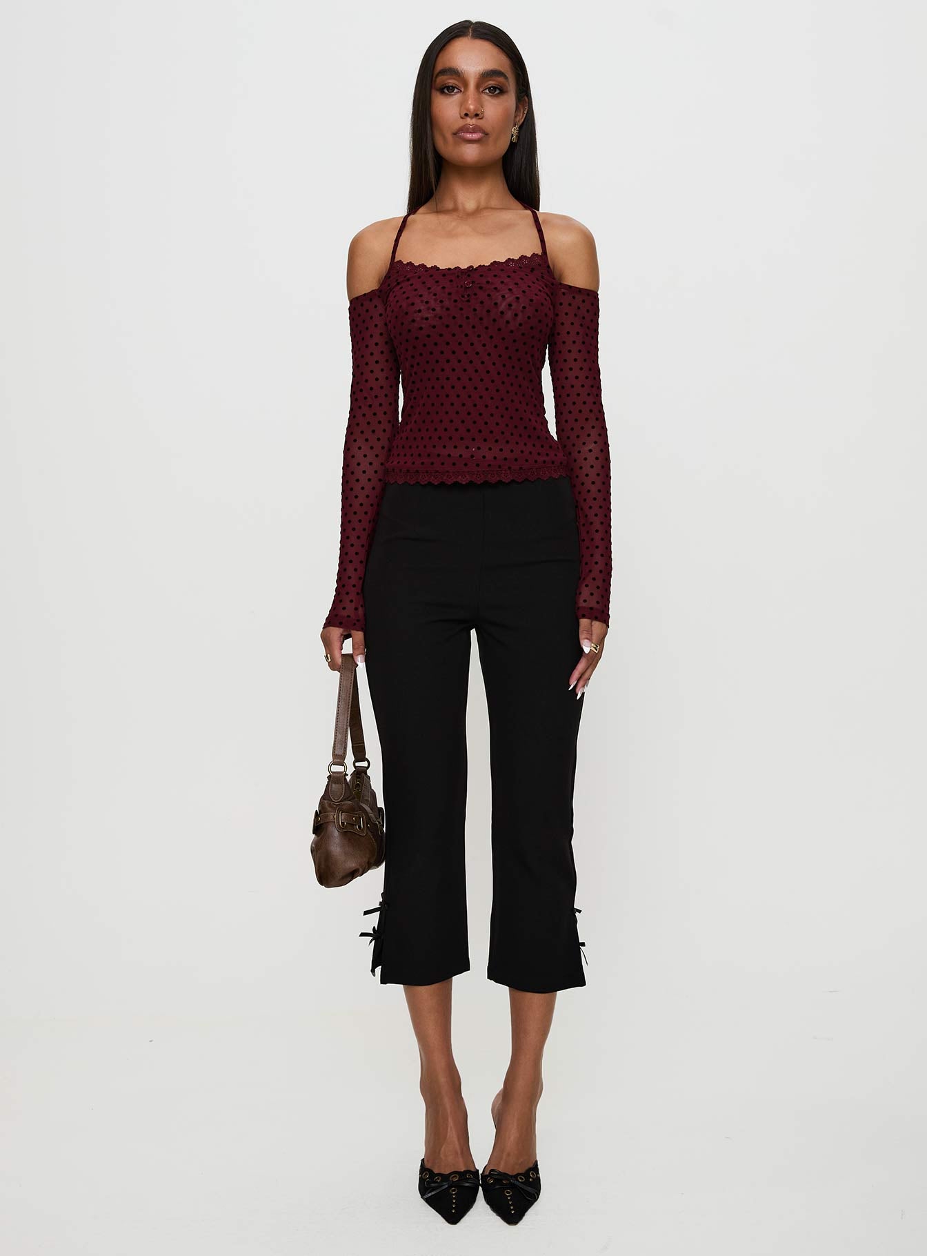 On My Side Off Shoulder Tie Neck Top Burgundy - Image 6
