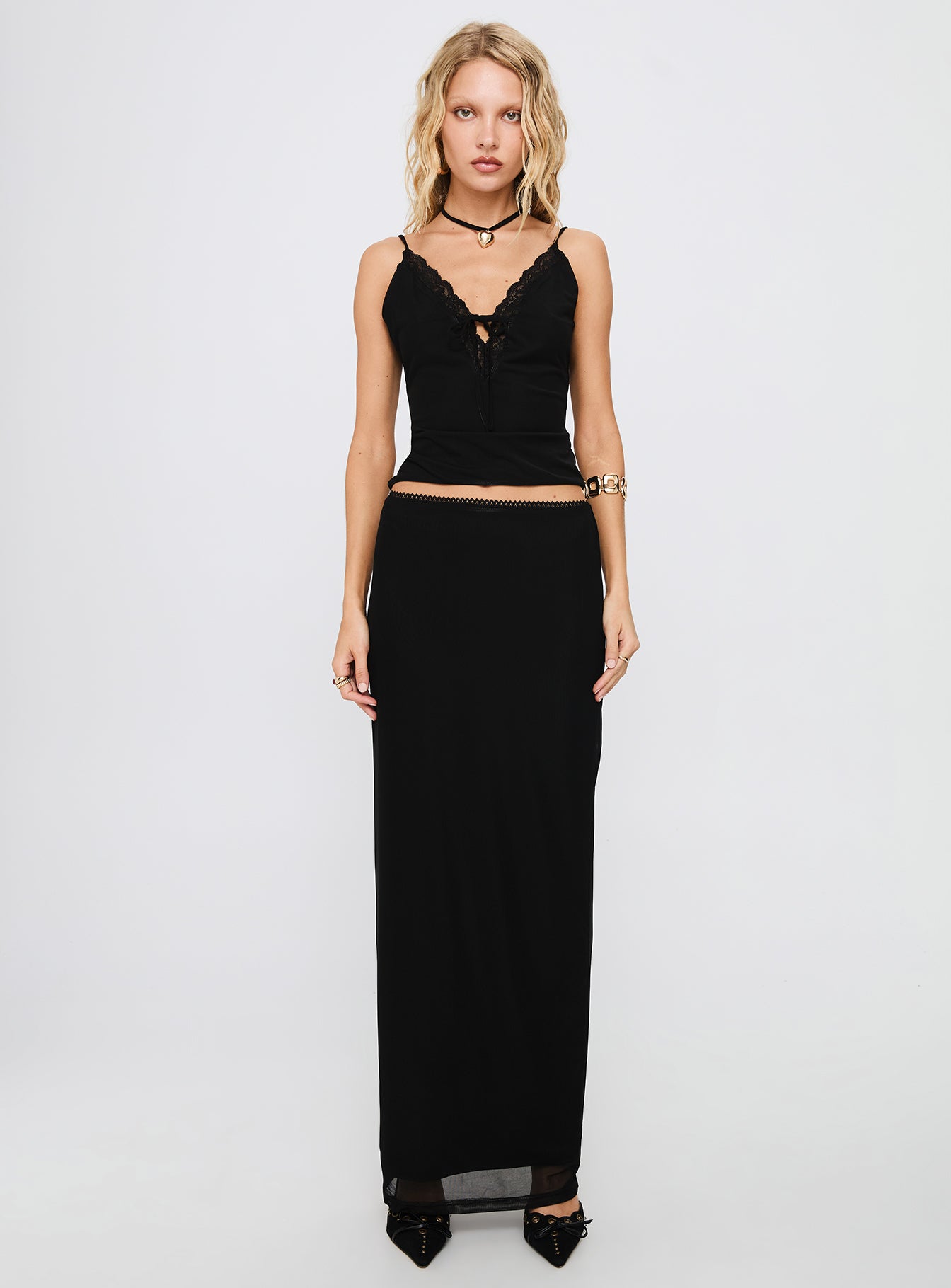 Reiko Lace Trim Tie Front Maxi Set Black - Image 6