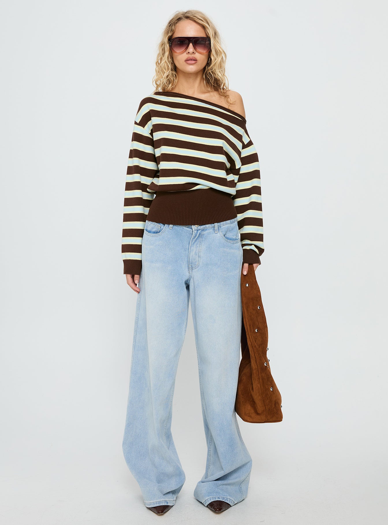 Zinia Off Shoulder Knit Sweater Brown / Blue Stripe - Image 7