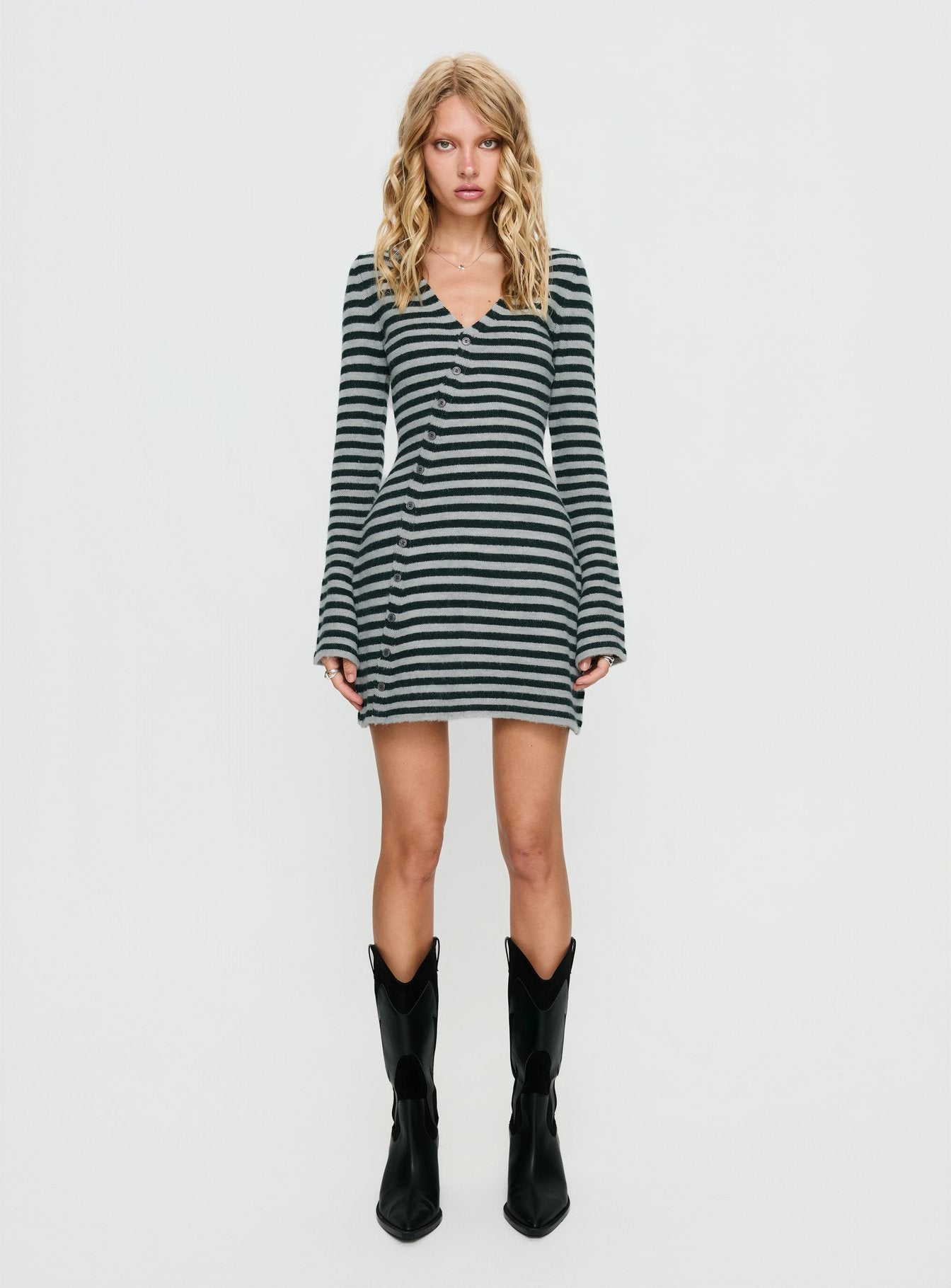 Morgen Asymmetrical Long Sleeve Mini Dress Grey / Green Stripe - Image 7
