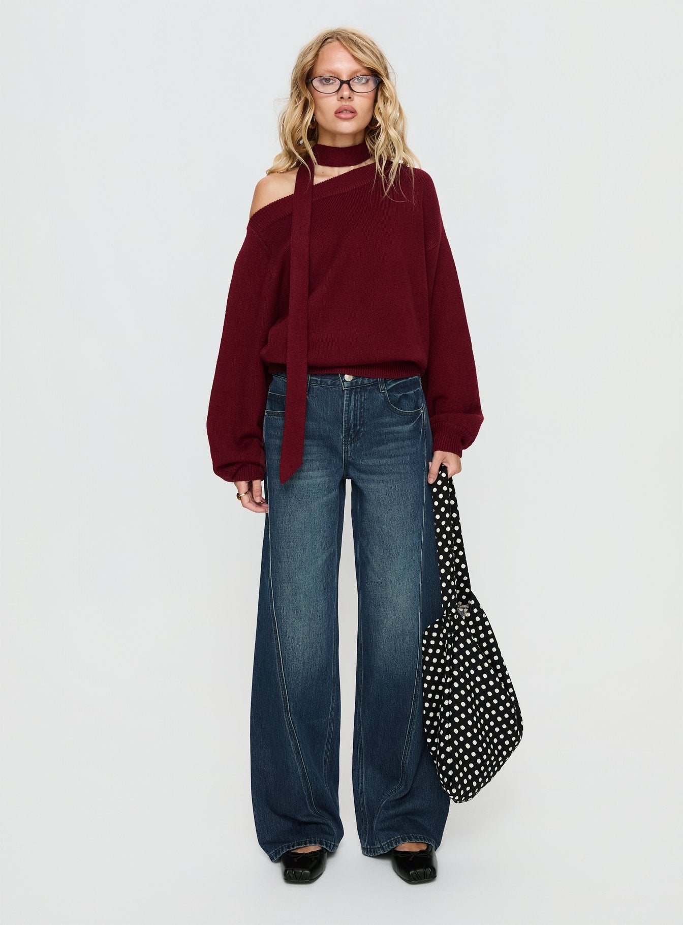 Ruthi Scarf Off Shoulder Knit Sweater Burgundy - Image 6
