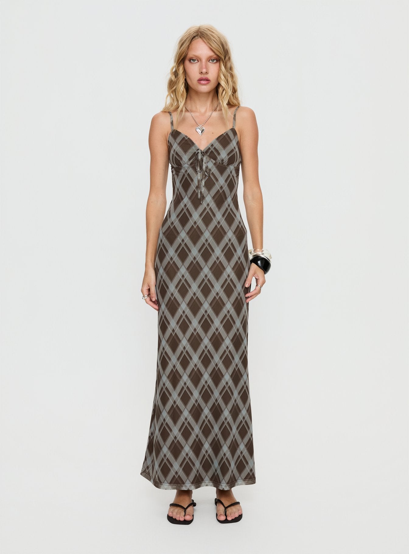 Idaline V Neck Maxi Dress Brown Check - Image 6