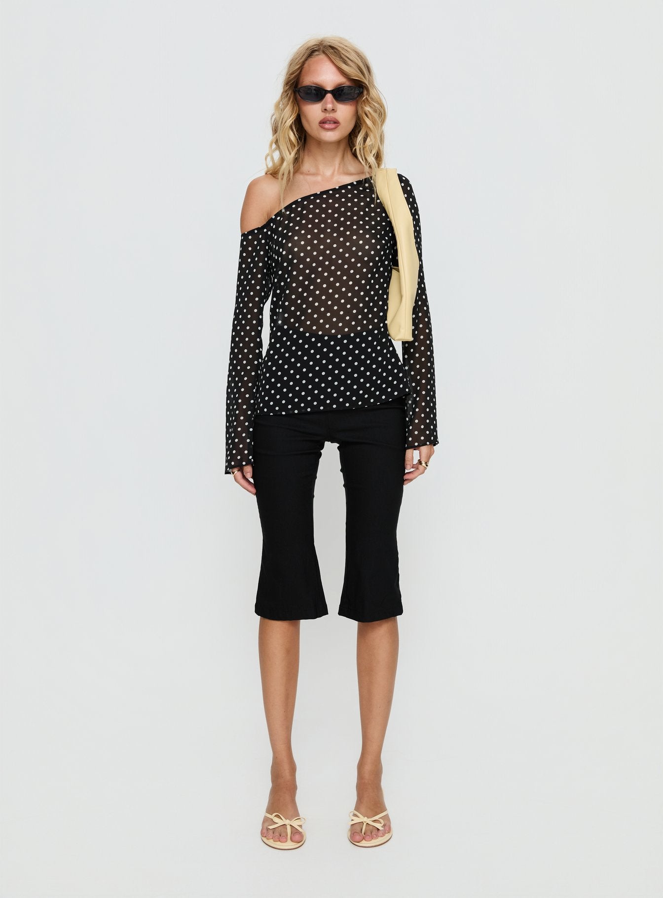 Shiona Sheer One Shoulder Long Sleeve Top Black Polka - Image 7
