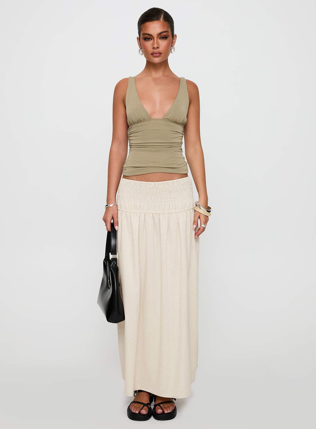 Small Towns Shirred Midi Skirt Beige - Image 6