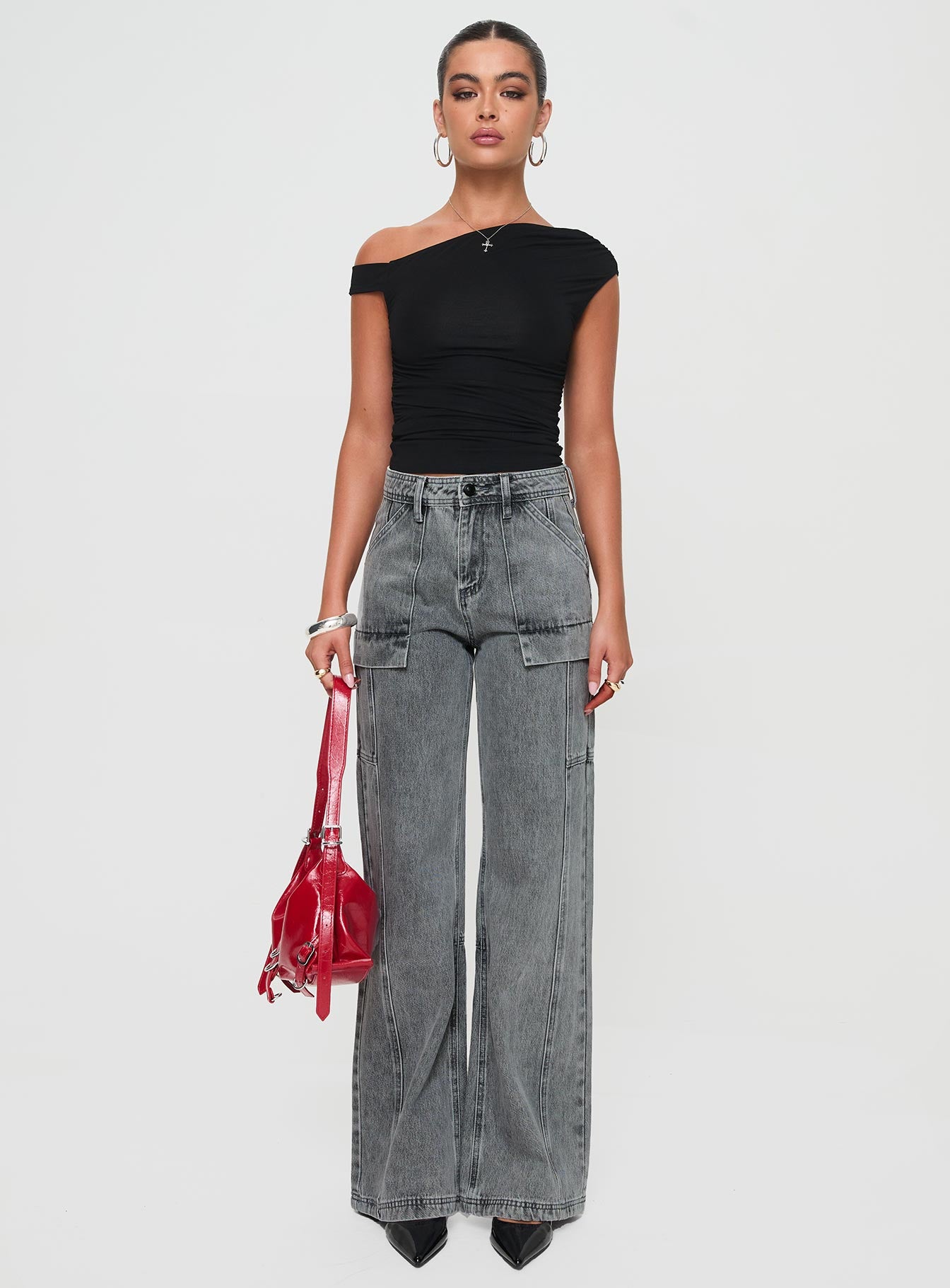 Chad High Rise Flared Cargo Jeans Washed Grey - Image 7