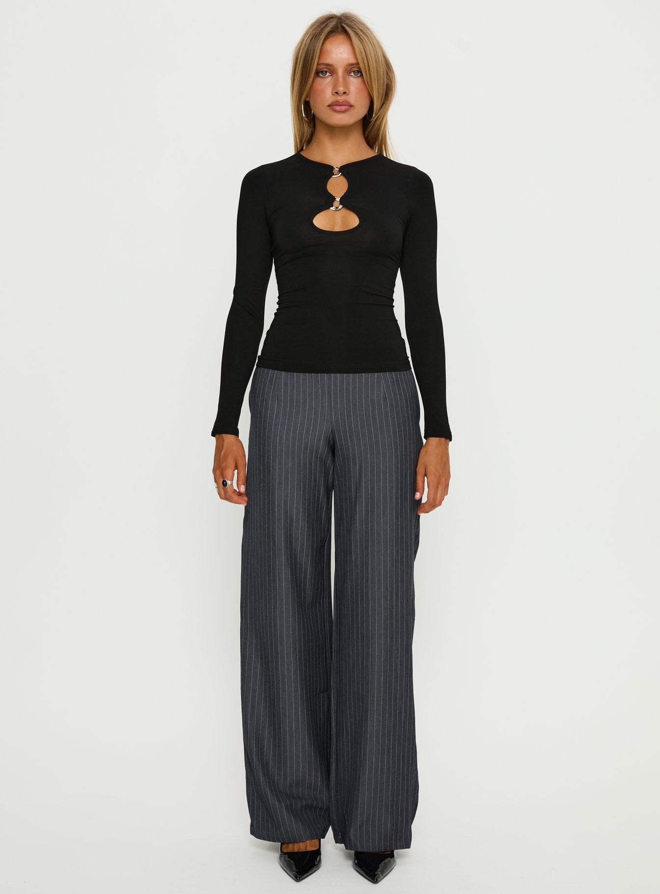 Khane Low Rise Wide Leg Pant Charcoal Pinstripe - Image 6