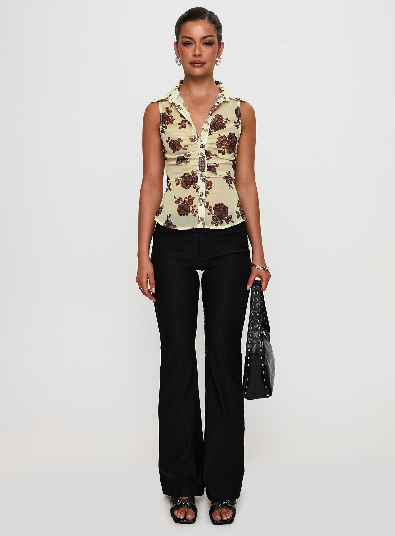 Present Tense Sheer Ruched Top Yellow Floral - Image 7