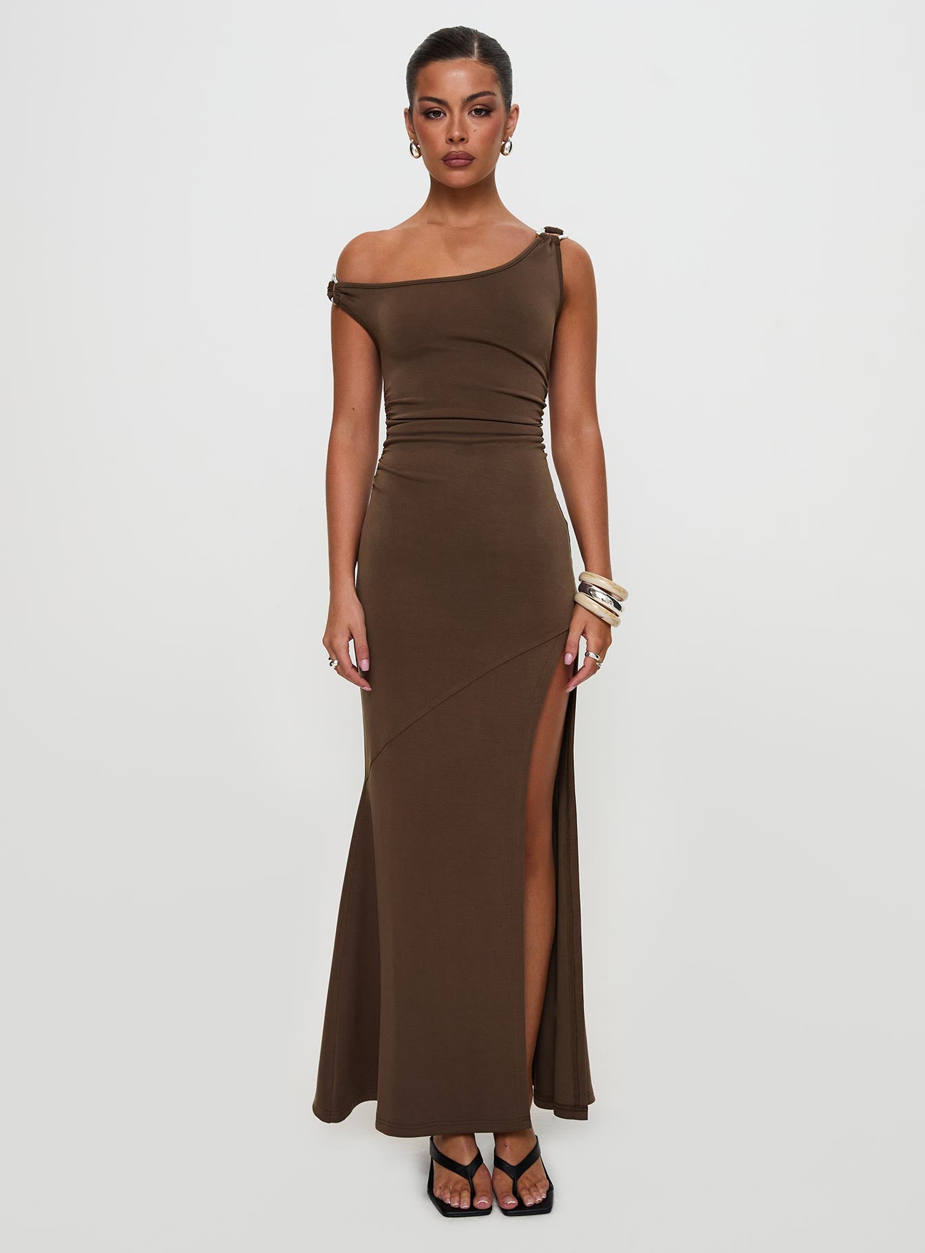 Rios One Shoulder Maxi Dress Brown - Image 10
