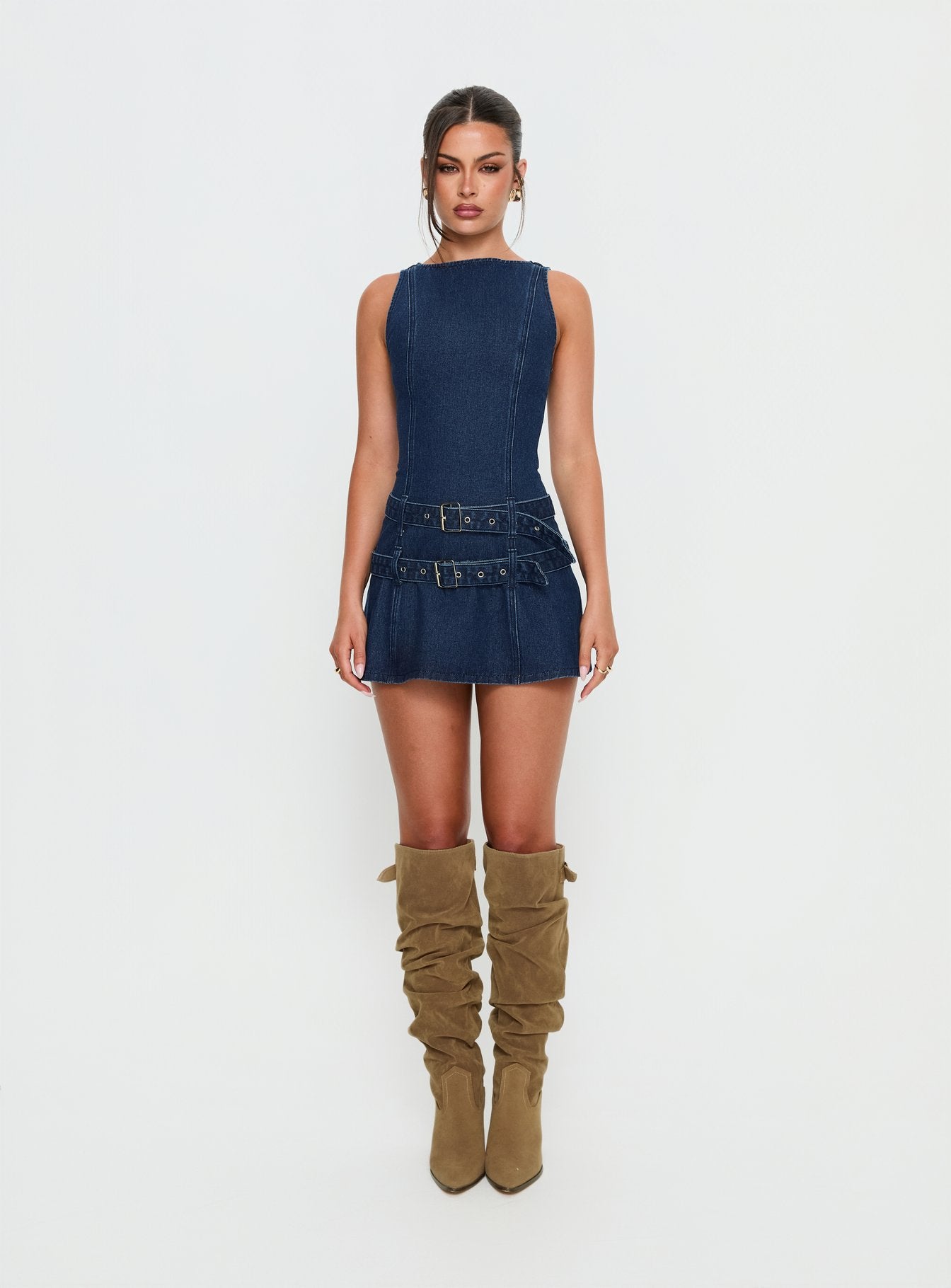 Kainer Denim Buckle Mini Dress Dark Blue Wash - Image 7