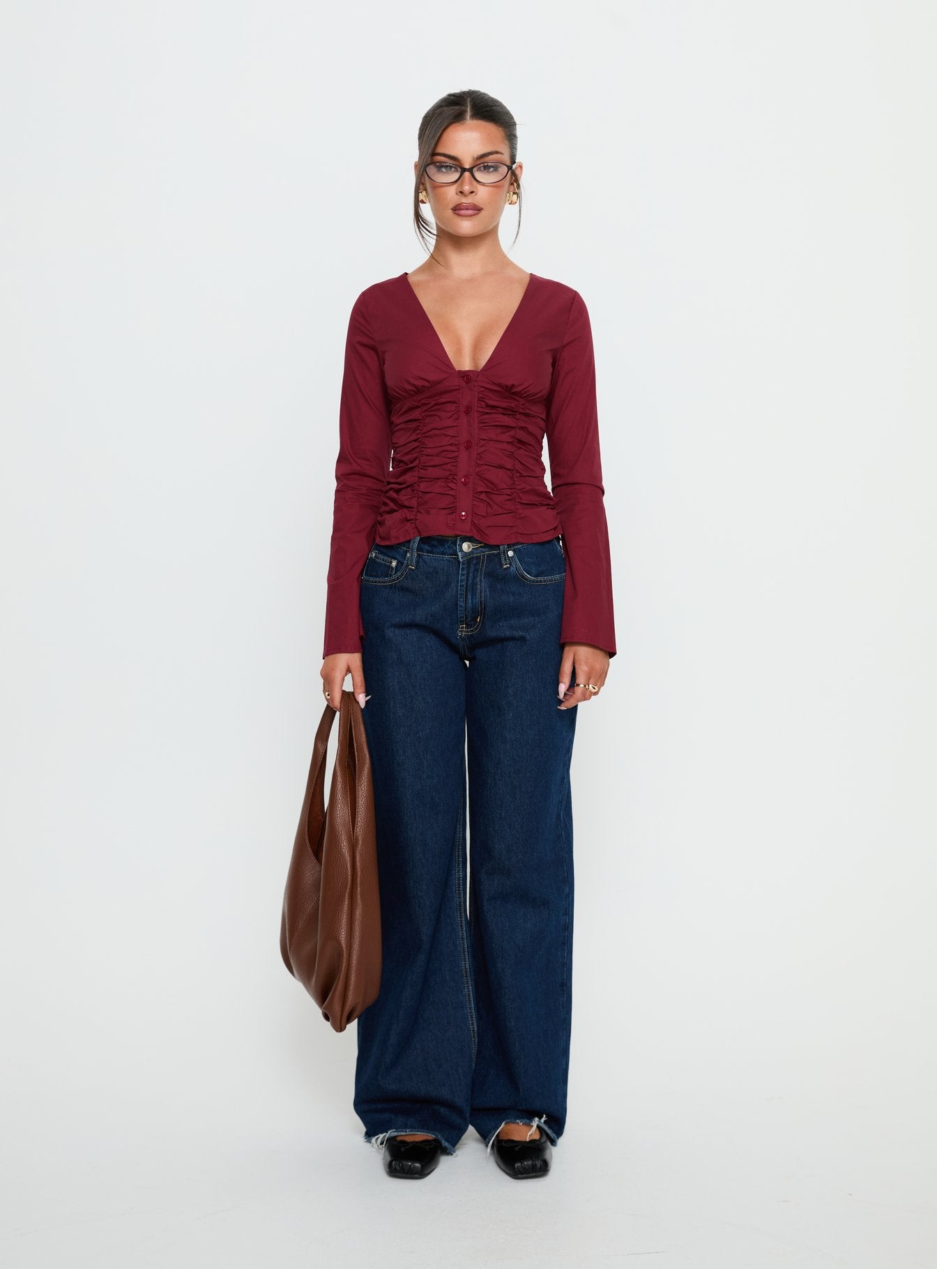 Zanetta Ruched Long Sleeve Top Burgundy - Image 6