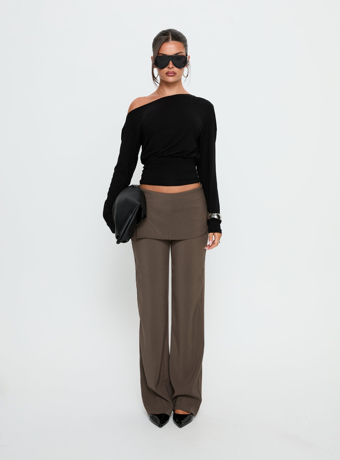 Ashlinn Off Shoulder Long Sleeve Drapey Top Black - Image 7