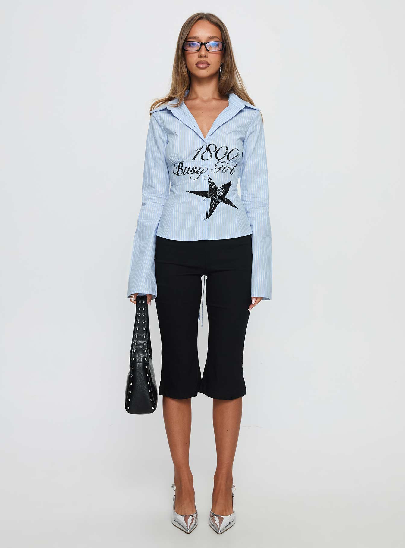 Busy Girl Long Sleeve Collared Top Blue Stripe - Image 7