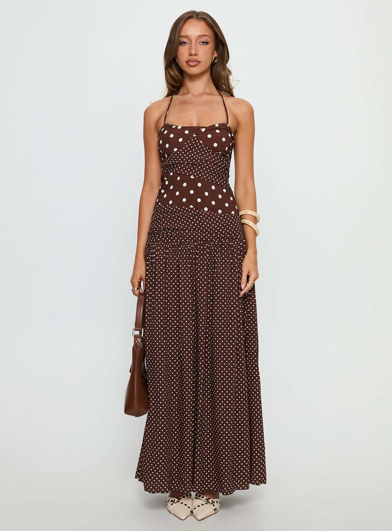Marguerite Halter Maxi Dress Brown Polka Dot - Image 7