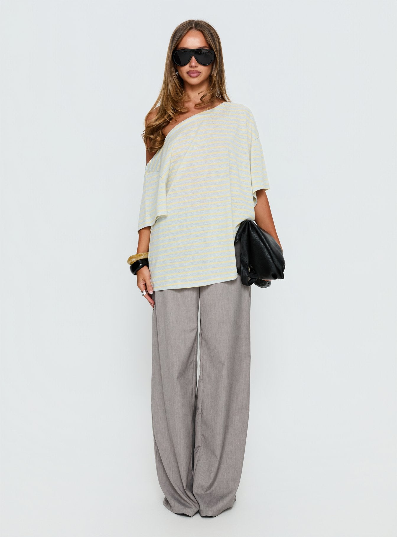 Winny Off Shoulder Tee Grey Marle / Lemon Stripe - Image 7