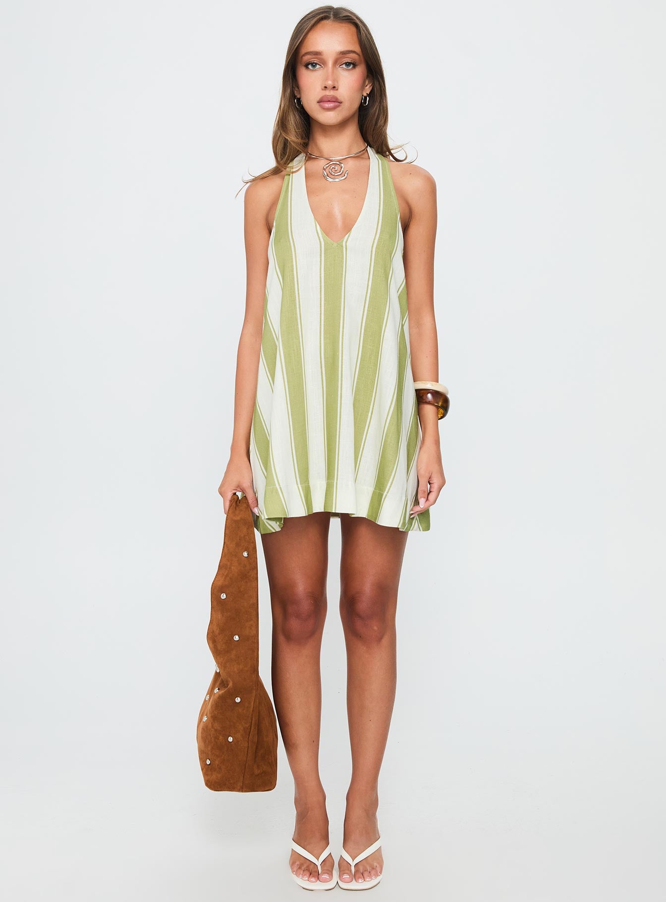 Khaia Halter Mini Dress Green / Cream Stripe - Image 6