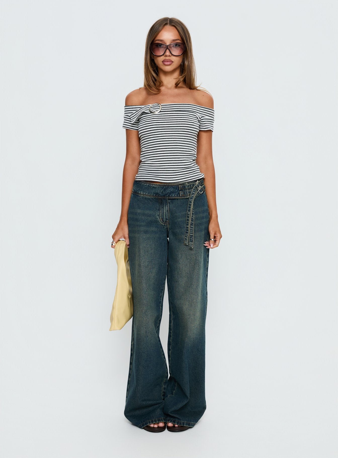 Kiela Off Shoulder Hardware Detail Top Grey / White Stripe - Image 7