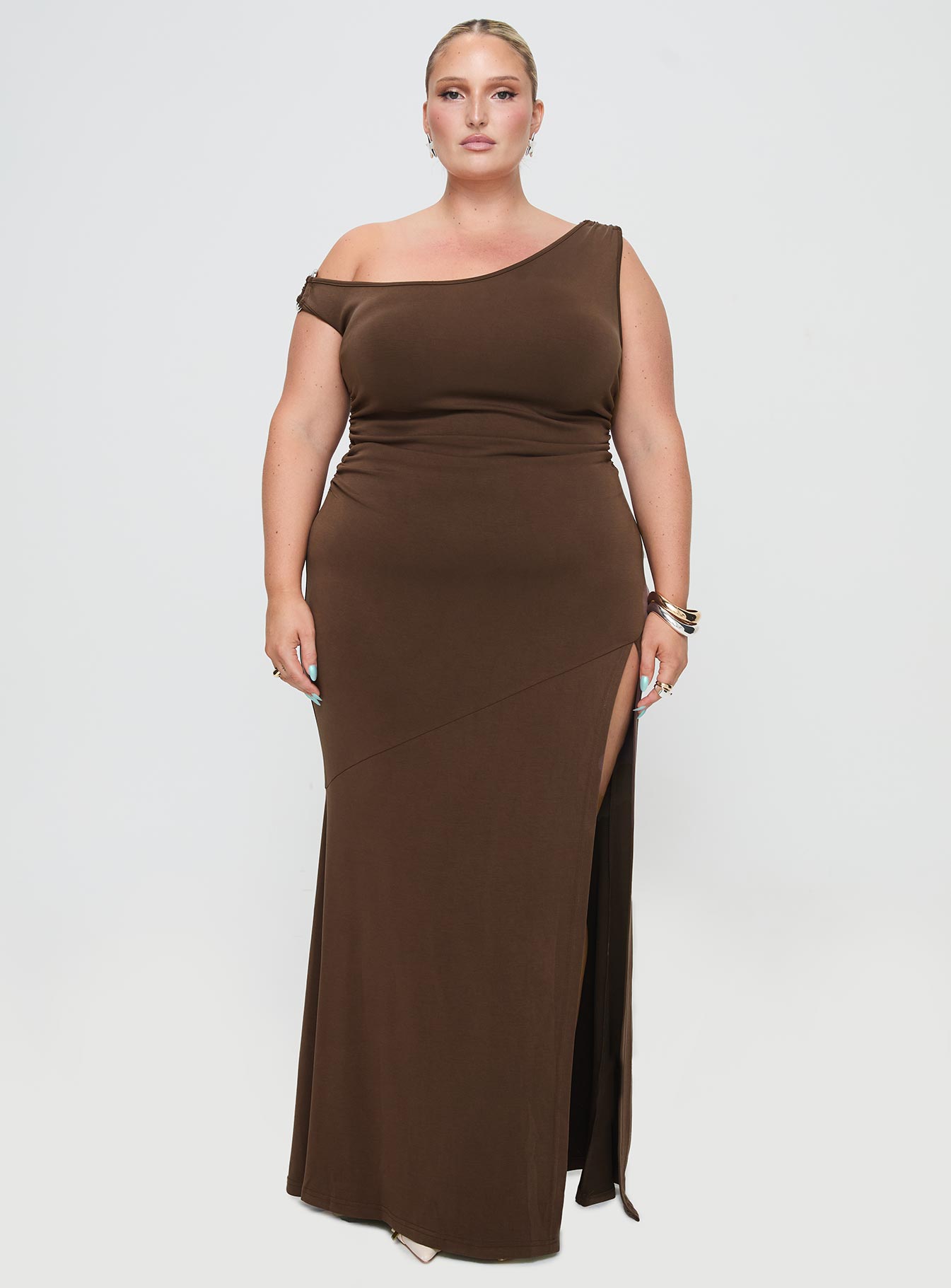 Rios One Shoulder Maxi Dress Brown Curve - Image 7