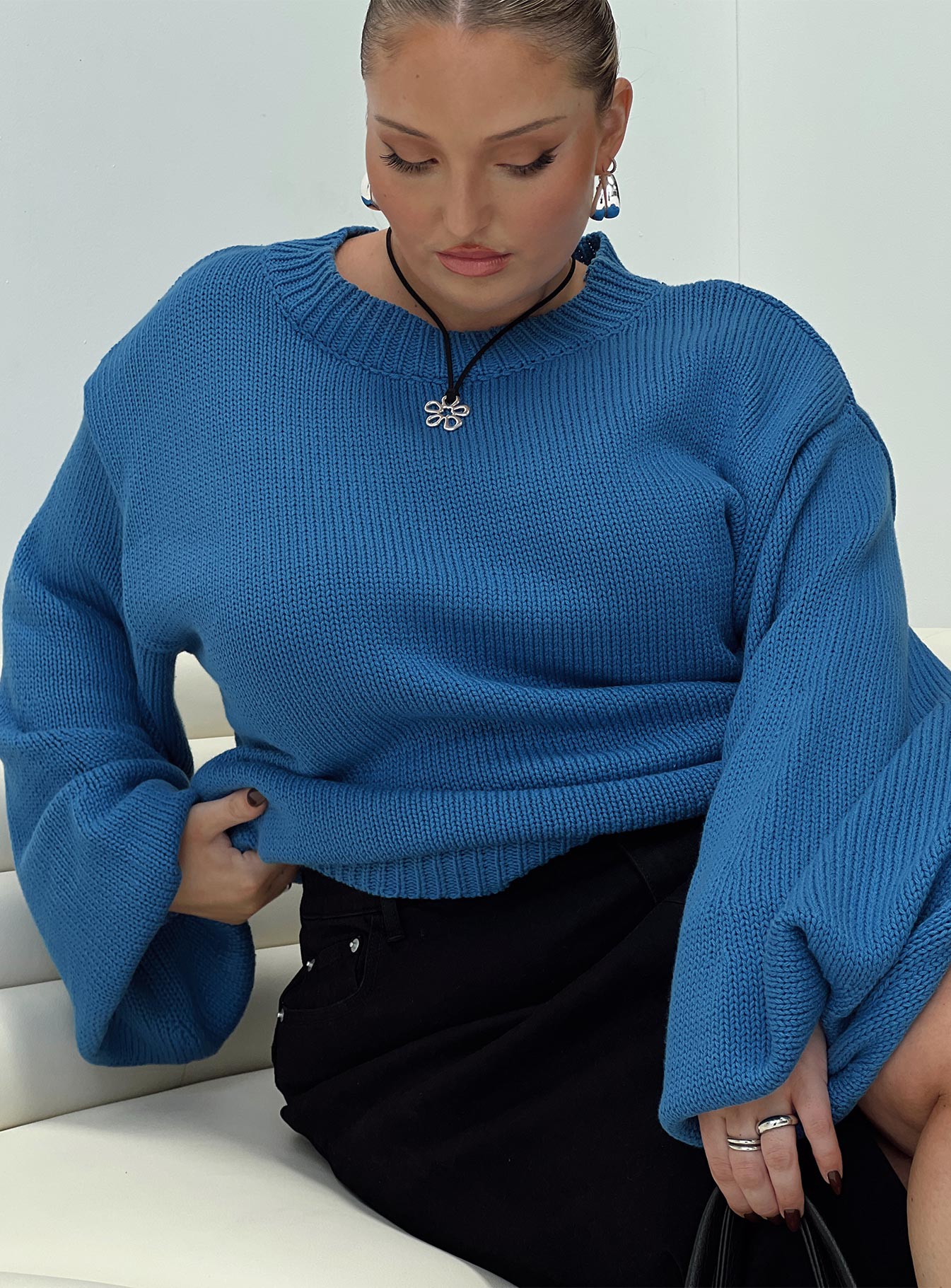 Harmony Balloon Sleeve Knit Sweater Blue Curve - Image 7