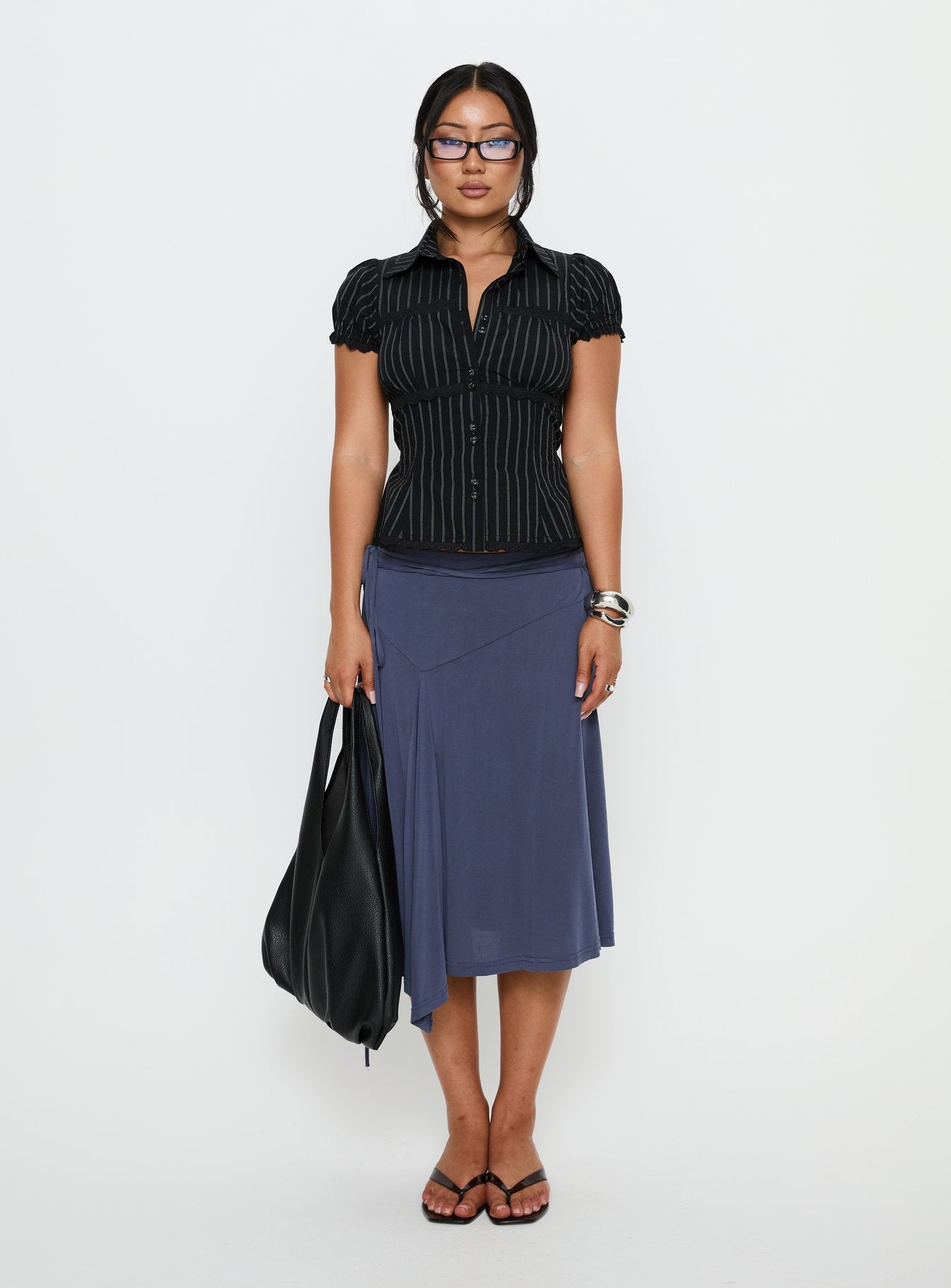 Deserve You Puff Sleeve Button Front Top Black Stripe - Image 7