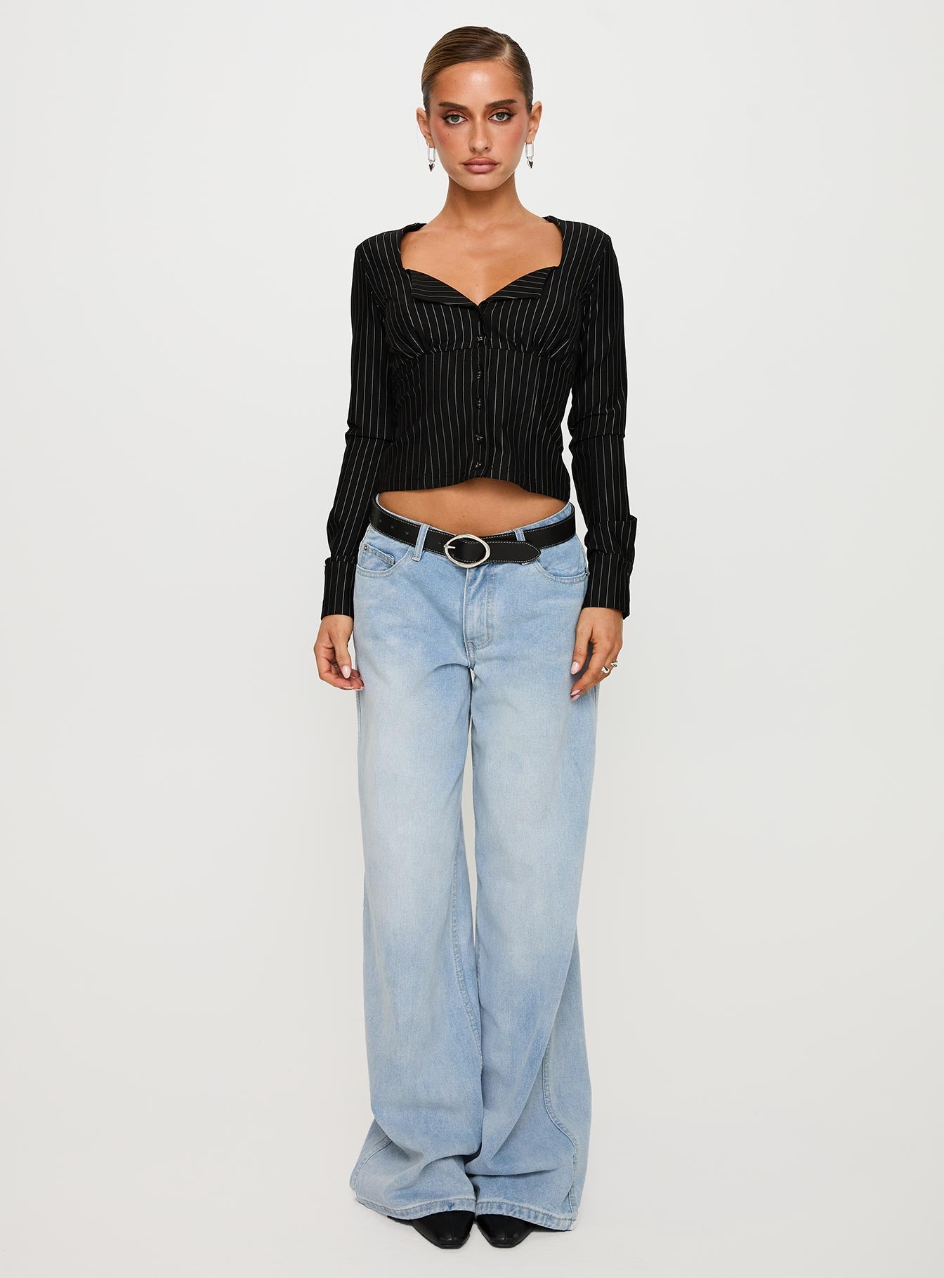 Set For Life Foldover Detail Long Sleeve Top Black / White Pinstripe - Image 7