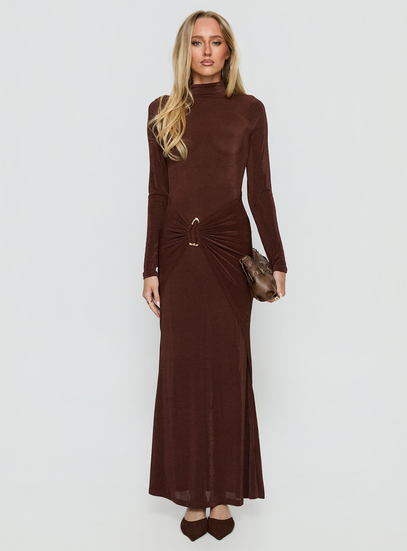 Yaqueline Long Sleeve Ruched Maxi Dress Chocolate - Image 7