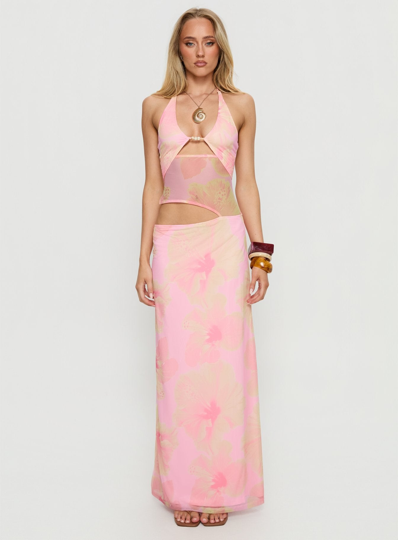 Dyanna Halter Mesh Maxi Dress Pink Floral - Image 7
