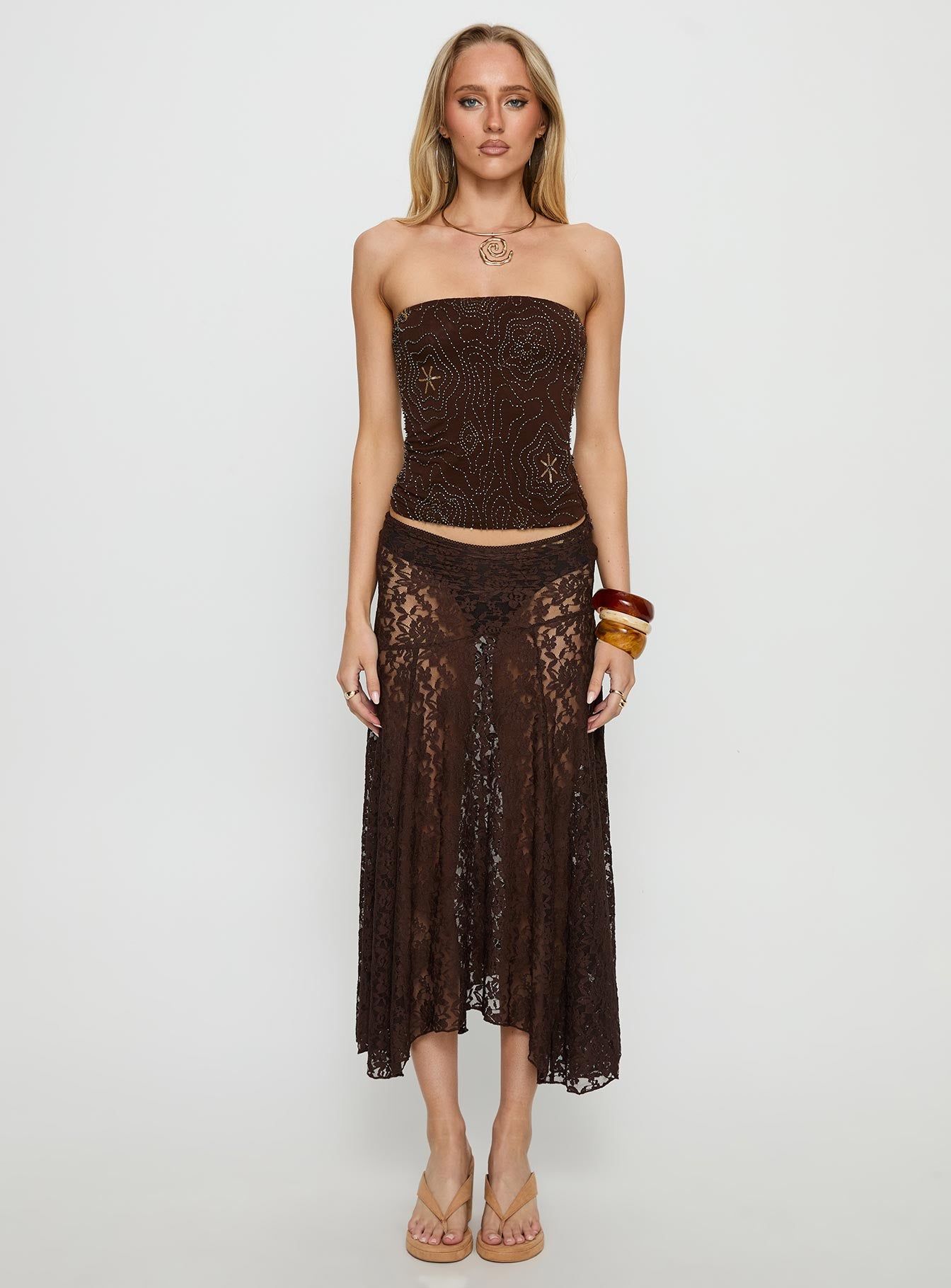 Vania Bead Detail Strapless Top Chocolate - Image 7