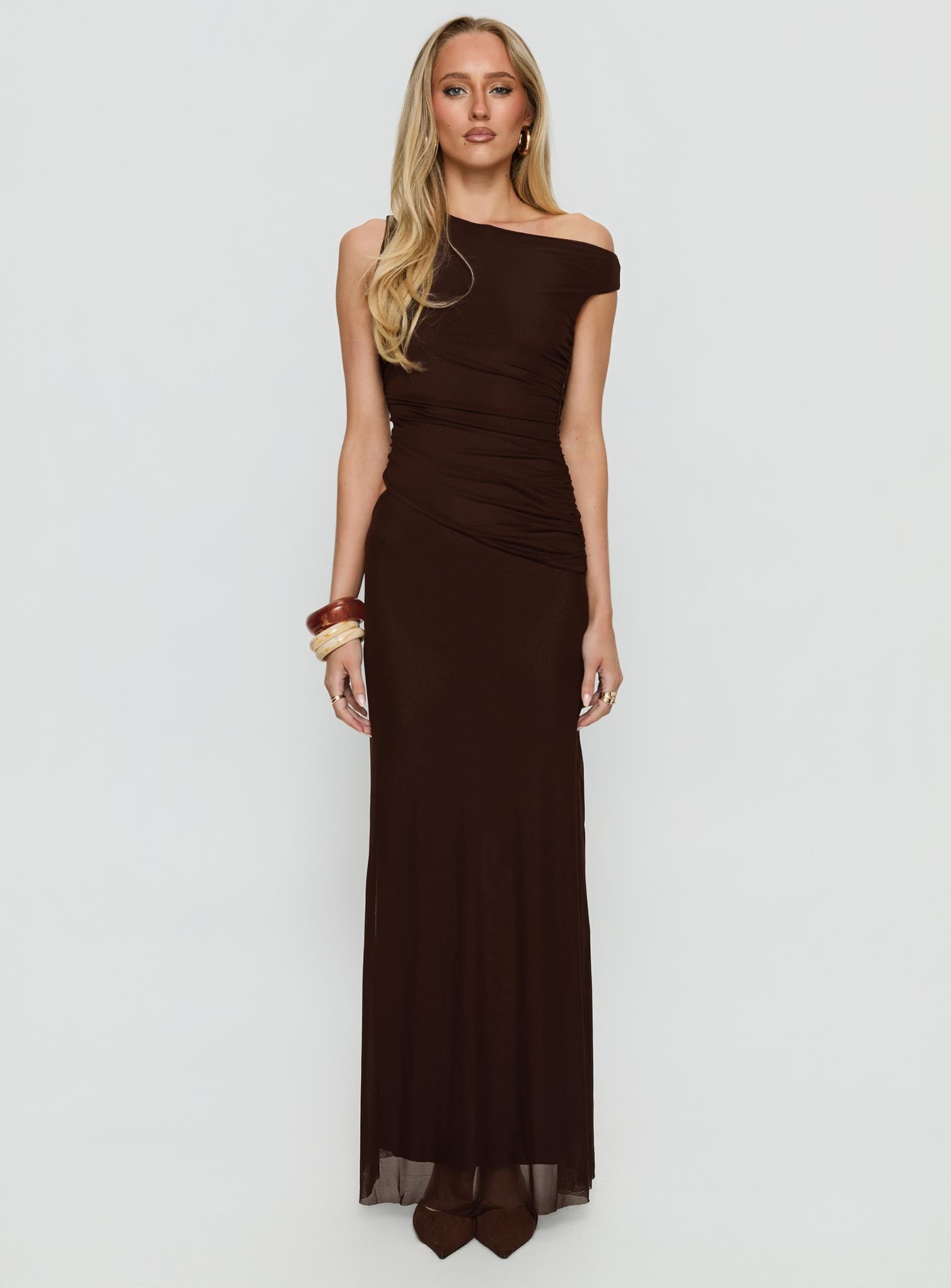 Krystyna Off Shoulder Ruched Maxi Dress Chocolate - Image 6