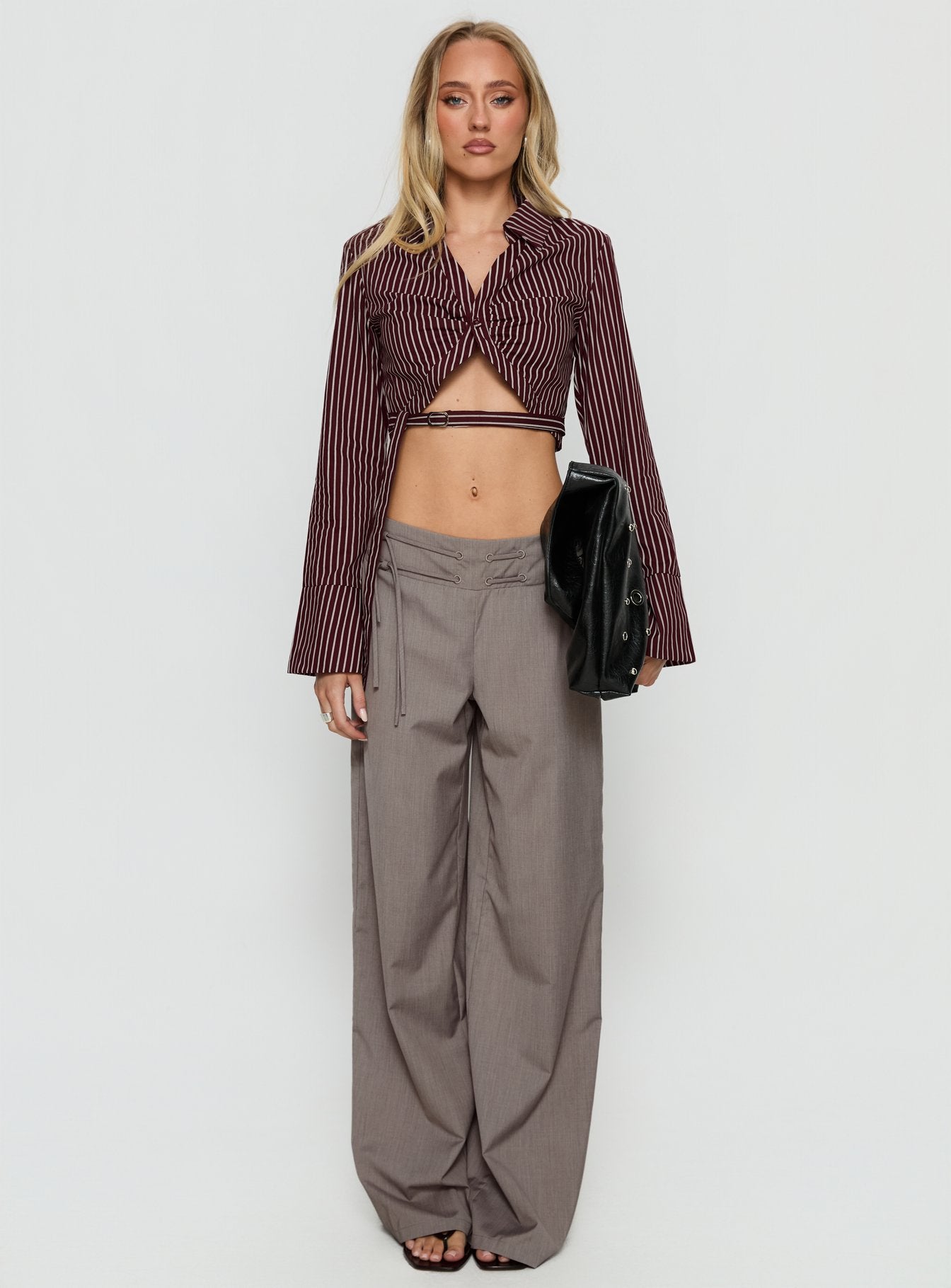 Anslee Wrap Detail Cropped Long Sleeve Top Burgundy Stripe - Image 6