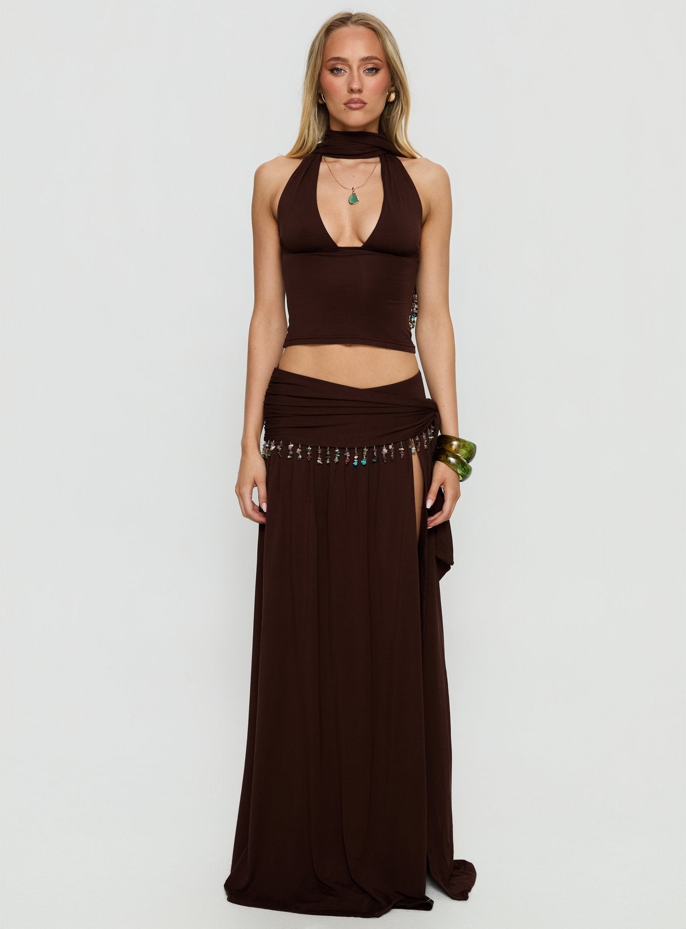 Spirita Beaded Sarong Maxi Skirt Brown - Image 7
