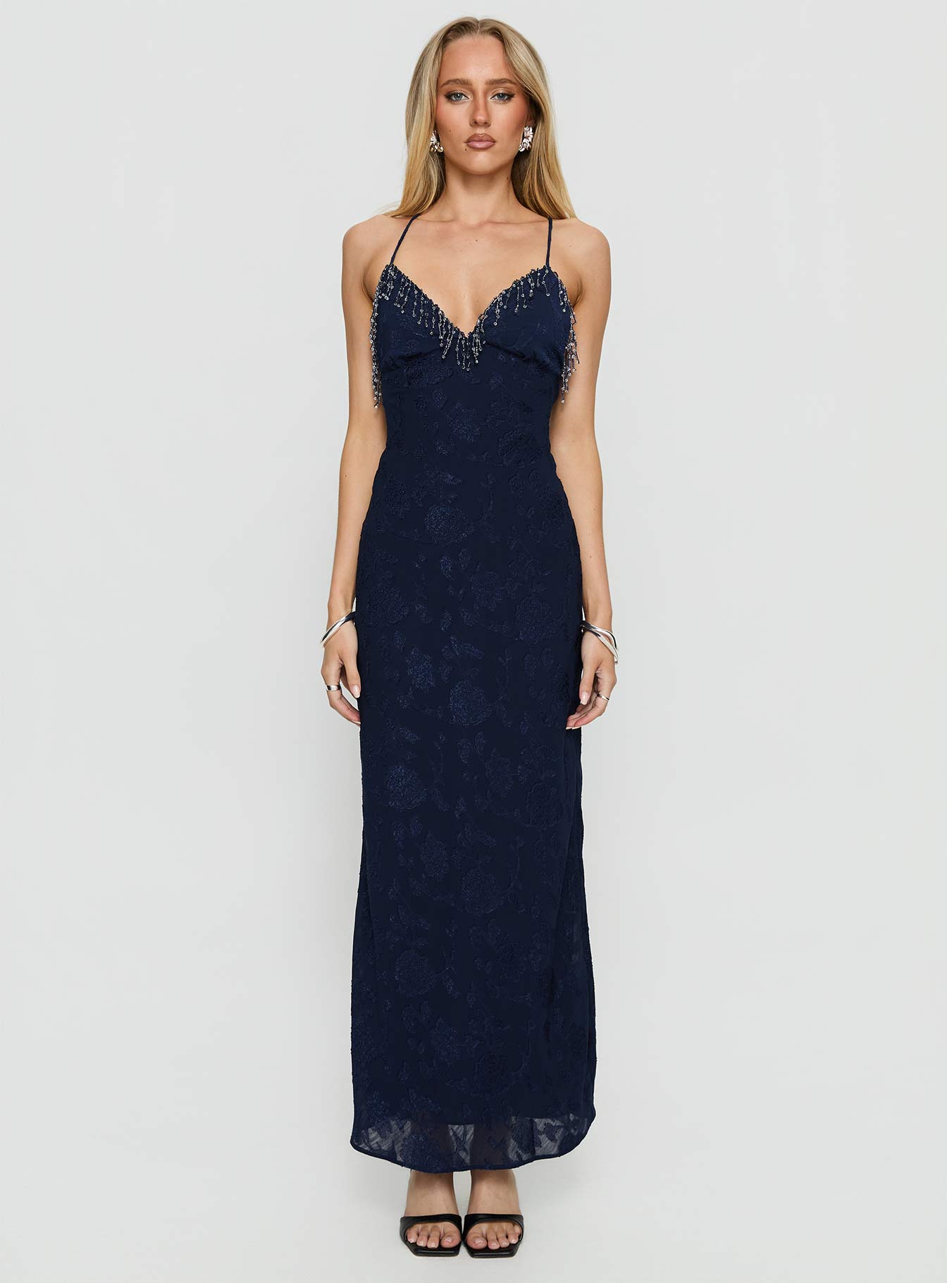 Alvera Fringe Beaded Maxi Dress Navy - Image 7