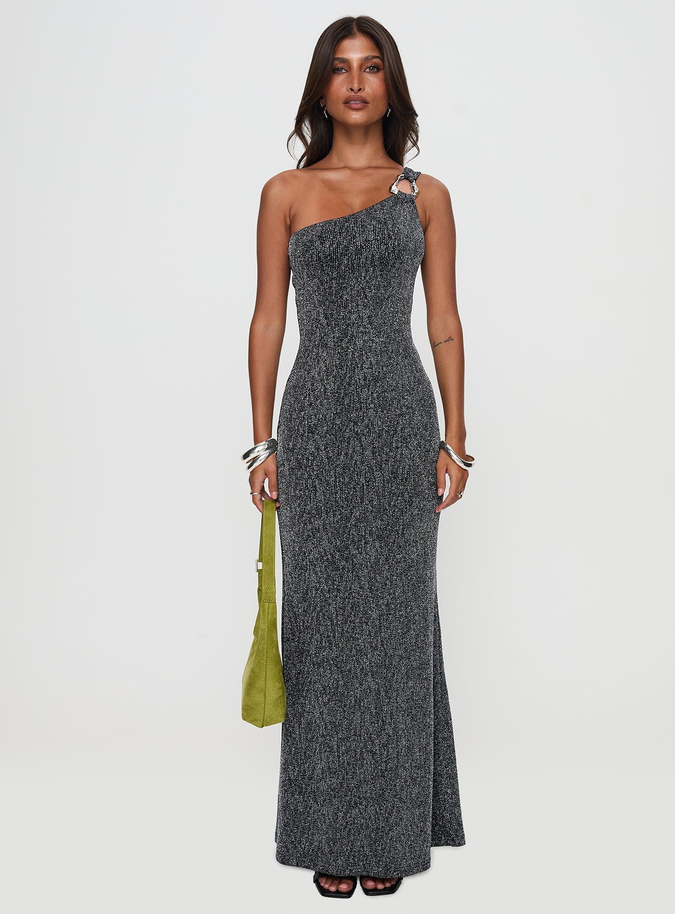 Beckon One Shoulder Maxi Dress Black Glitter - Image 7