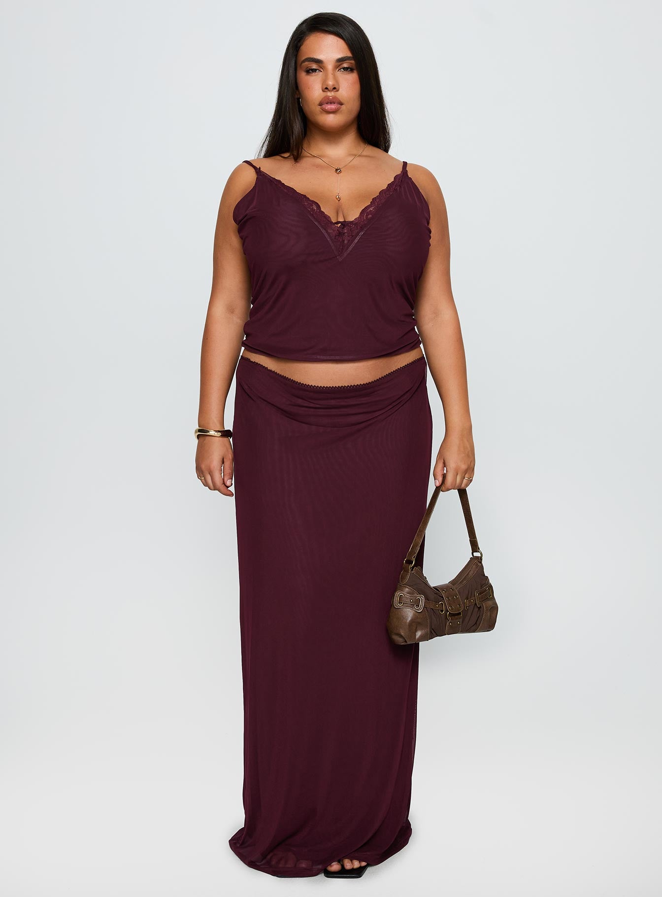 Reiko Lace Trim Tie Front Maxi Set Burgundy Curve - Image 7