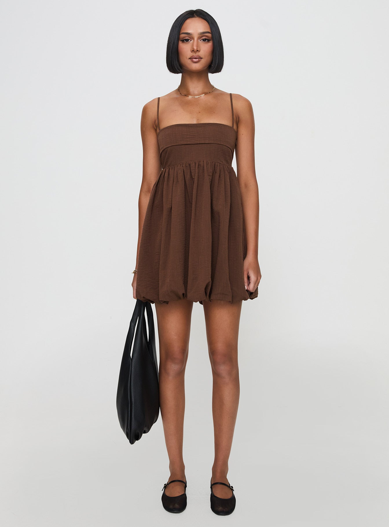 Layken Bubble Hem Mini Dress Chocolate - Image 7