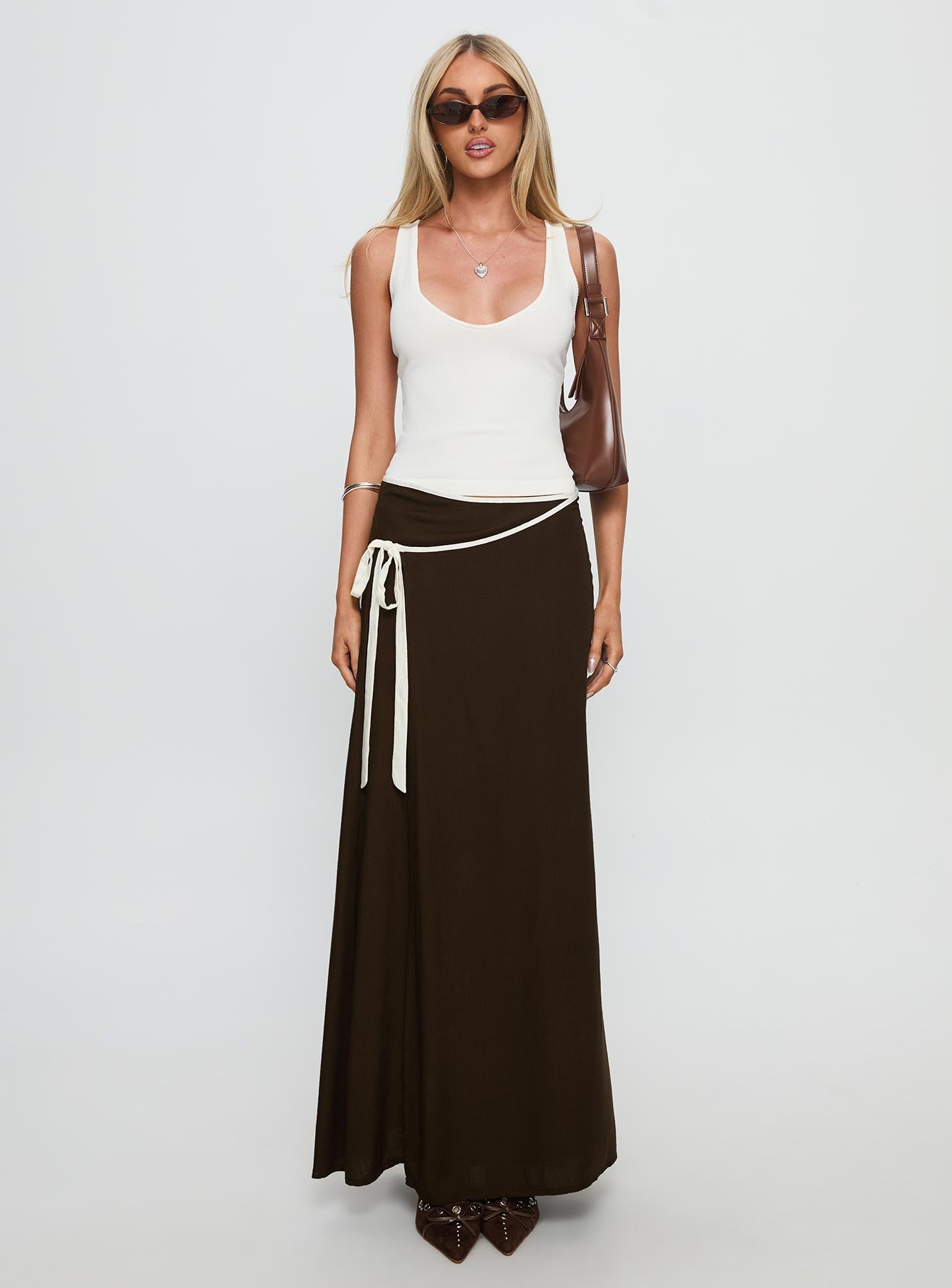 Keirah Contrast Wrap Maxi Skirt Chocolate / White - Image 7