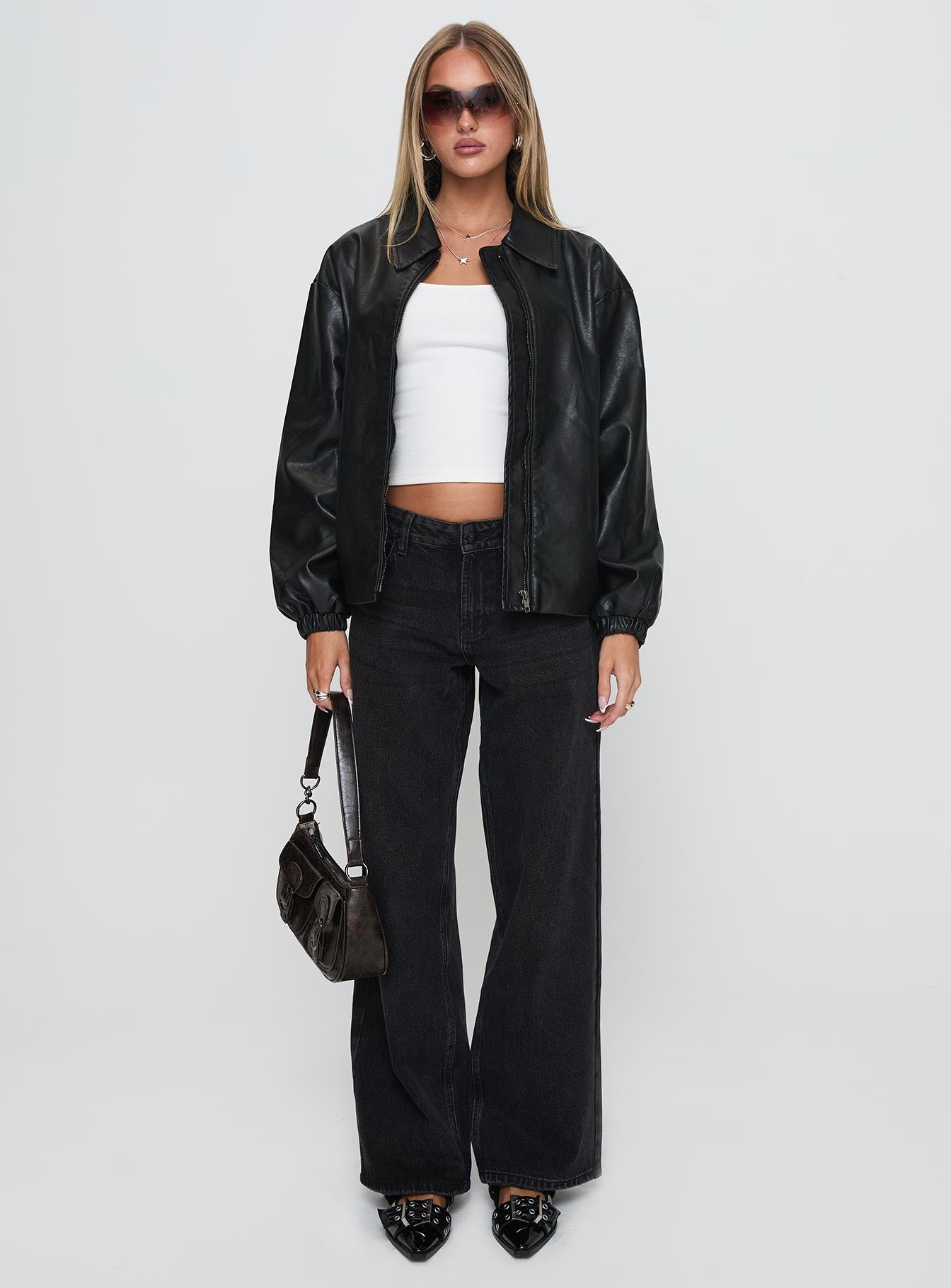 Missed Call Faux Leather Bomber Jacket Black - Image 7