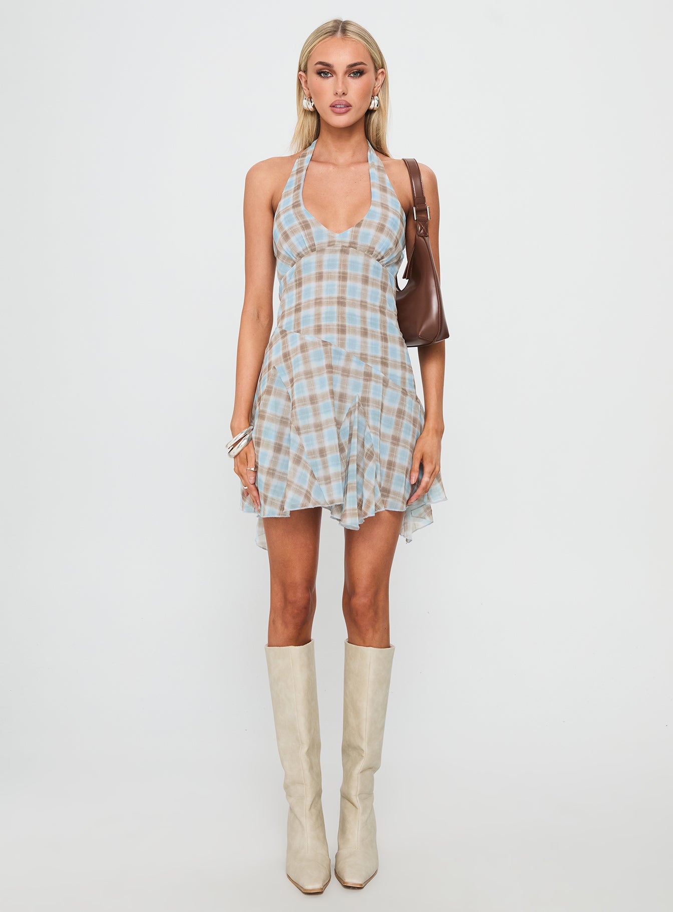 Valorie Halter Mini Dress Blue Check - Image 7