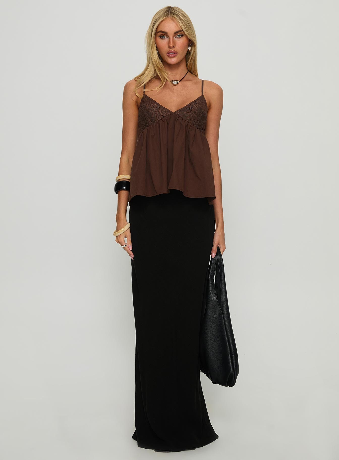 Janeesa Frill Lace Detail Cami Top Brown - Image 7